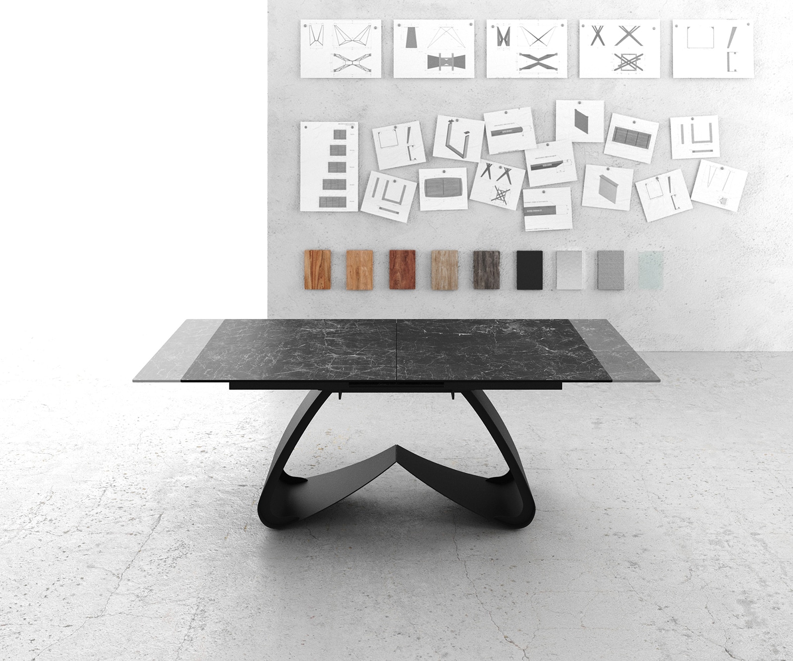 Eetkamertafel Edge 180-220x90 keramiek Laminam®Nero Greco grijs W-frame zwart uitschuifbaar 5 Eetkamertafel Edge 180-220x90 keramiek Laminam®Nero Greco grijs W-frame zwart uitschuifbaar 5