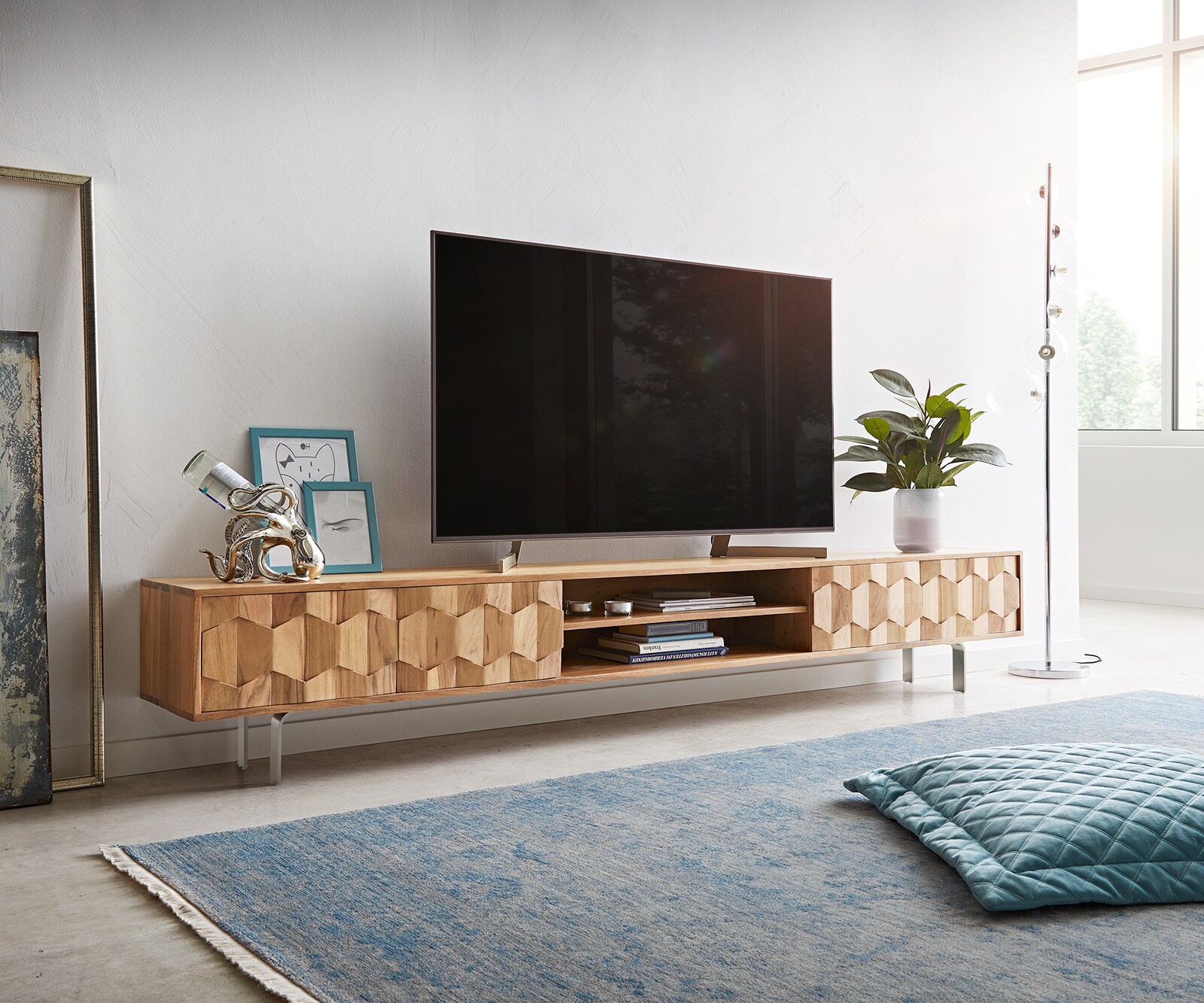 Tv-meubel Fevo 240 cm acacia natuur 4 deuren L-poot