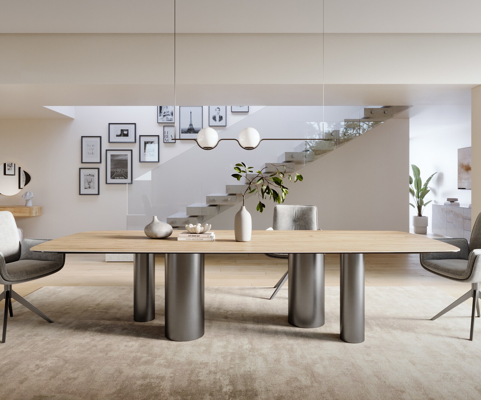 Eettafel Edge Boot 300x120 cm Keramiek Laminam® Sabbia Eichefarbig Pilier Roestvrij staal Grafiet 2