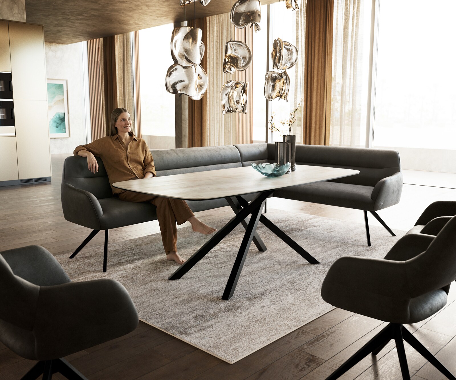 Eetkamerbank Taya-Flex 285x190 cm microvelours anthraciet vintage hoekig kruisframe zwart pocketvering links 1