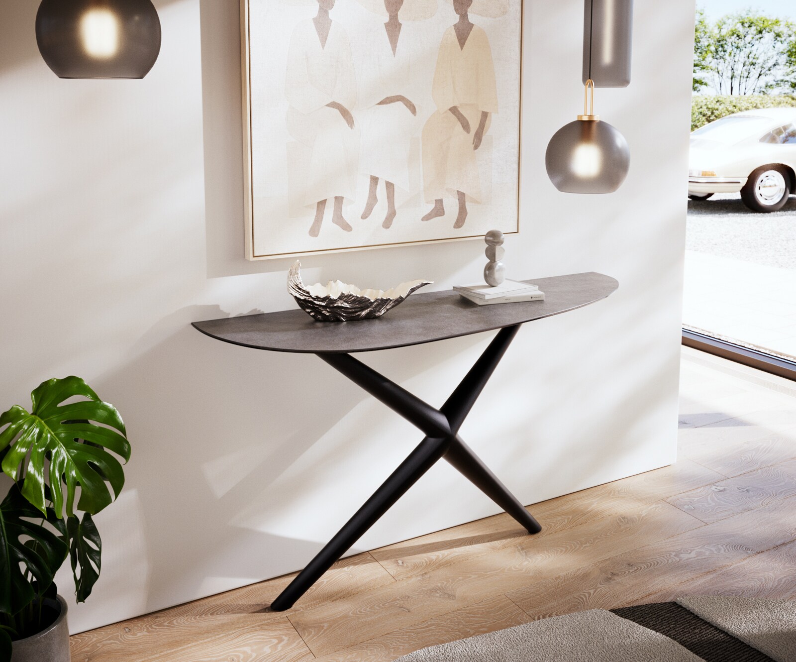 Consoletafel Edge Oval 140x40 cm Keramiek Beton Grijs Estelo Metaal Zwart 2