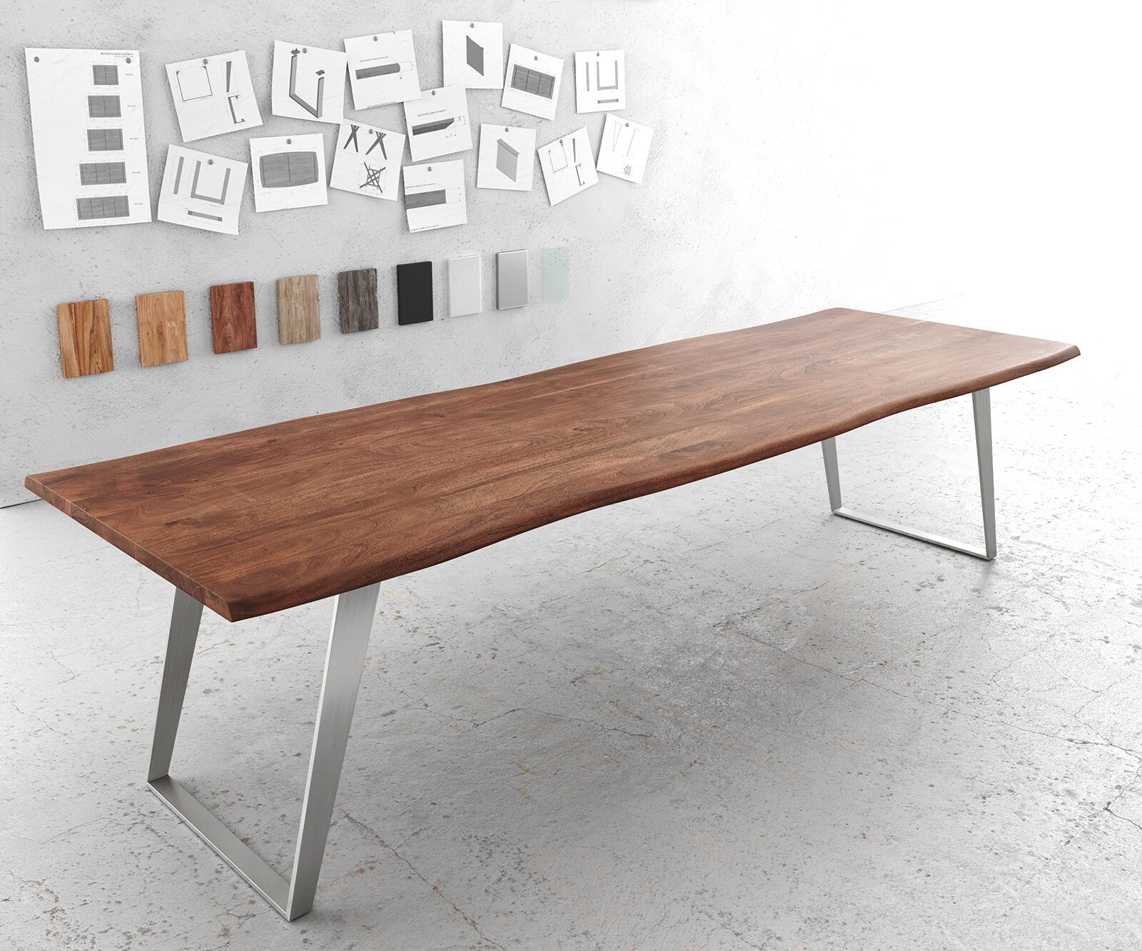 Eettafel Edge 300x100cm acacia bruin roestvrijstaal zilver schuin Live-Edge