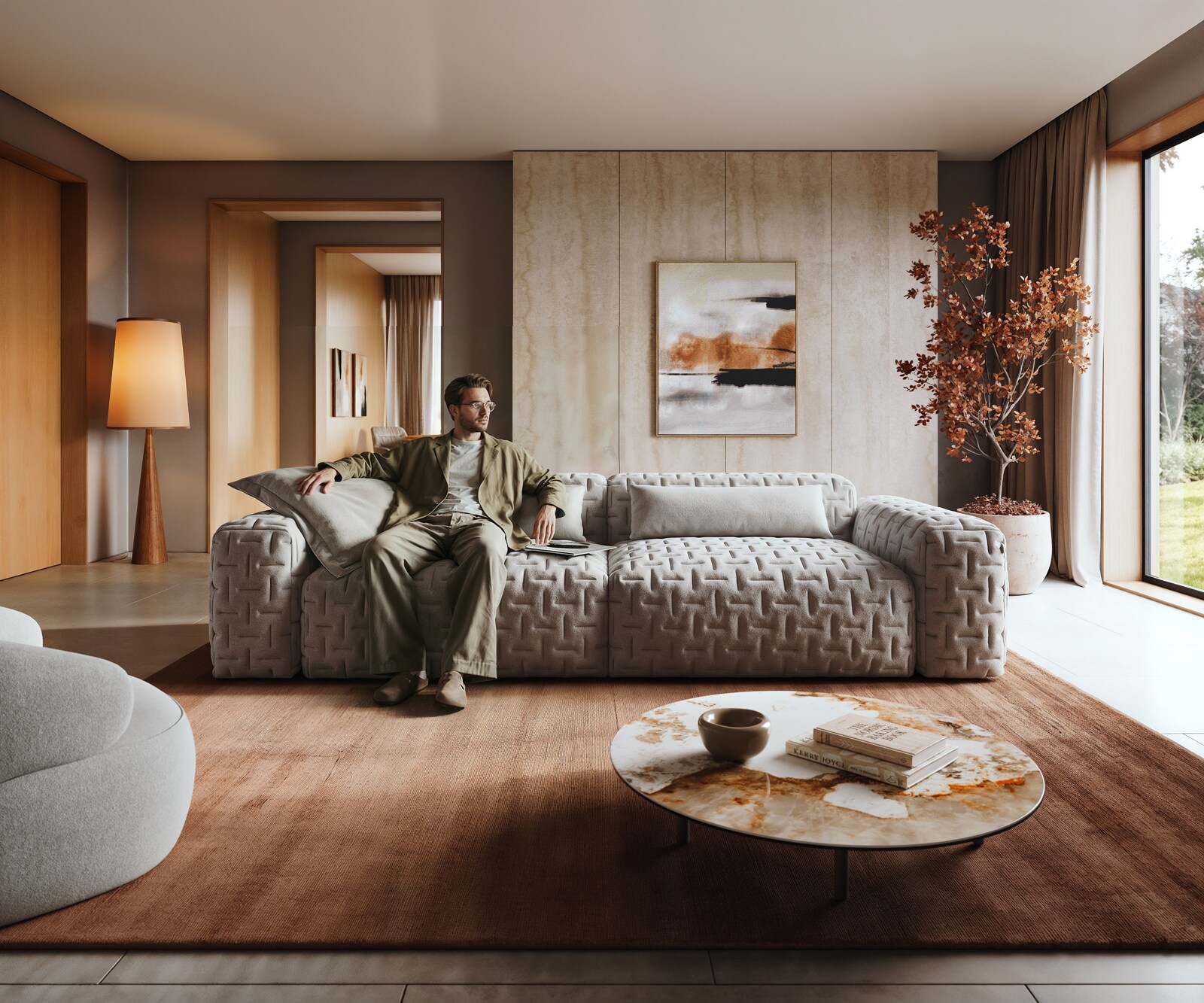 Bigsofa Freestyle 280x110 cm Zachte stof met structuur Grijs gestikt 1