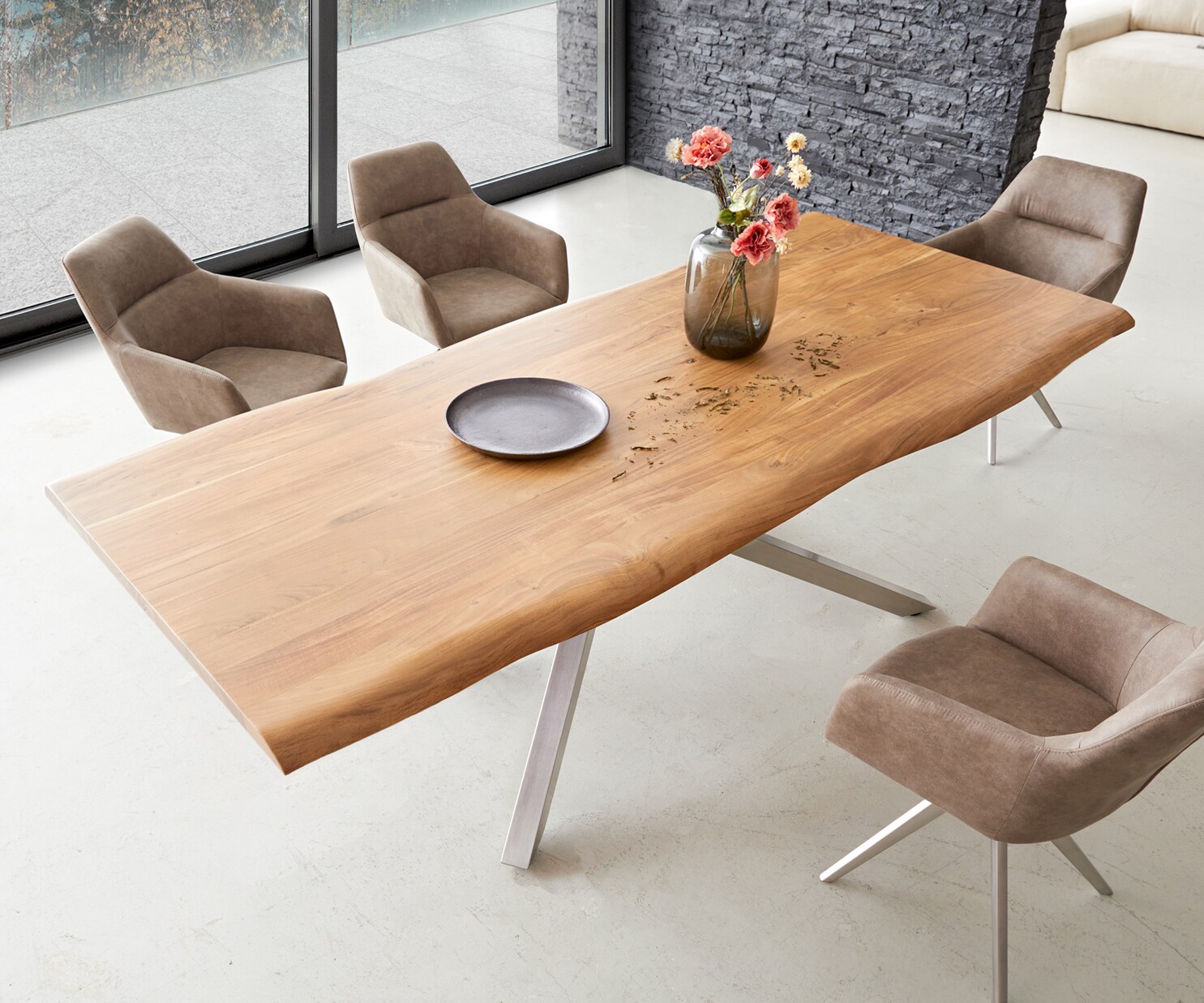 Eettafel Edge 240x100 acacia natuur kruisframe rechthoek roestvrij staal  Live-Edge 3