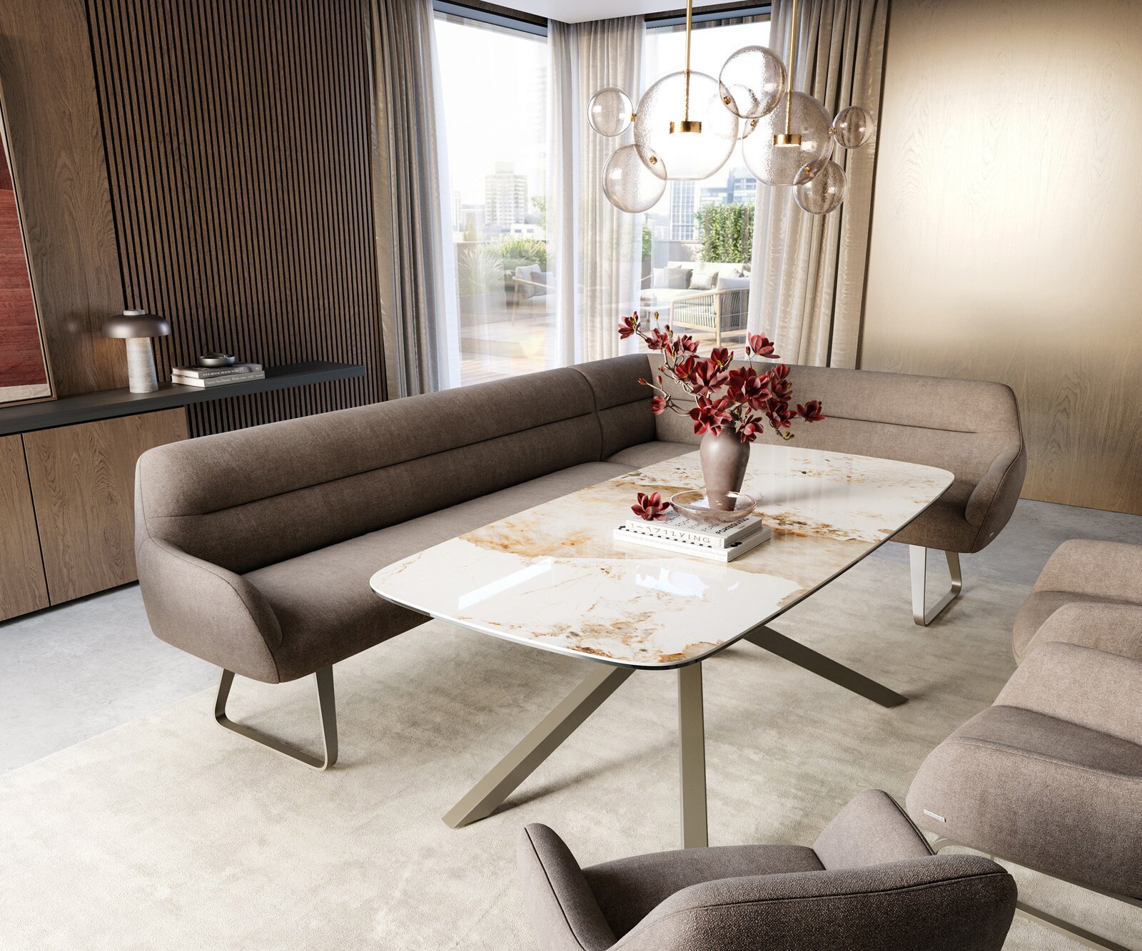 Eetkamerbank Taya-Flex 285x190 cm zachte stof met structuur taupe platte sledebasis afwerking met titaniumeffect pocketvering links 1