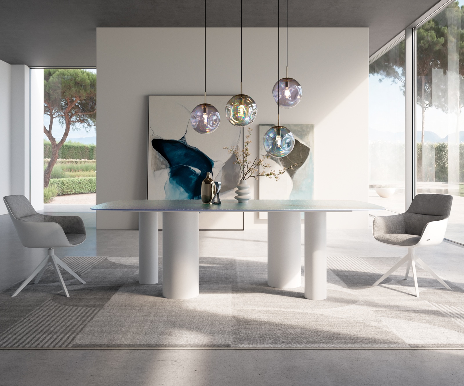 Eettafel Edge Boot 240x120 Reliefglas Perlmutt 3D-Design Pilier metaal wit 1