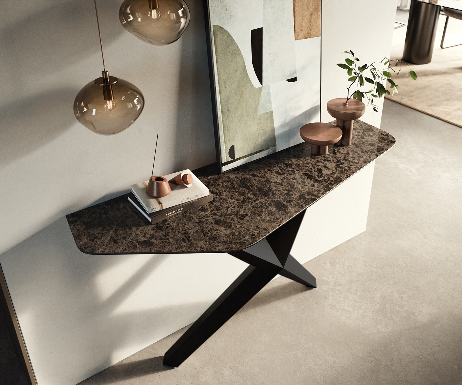 Consoletafel Edge Polygonaal 140x50 cm Keramiek Emperador Extra Lucidato Dunkelbraun Zentharo Metaal Zwart 1