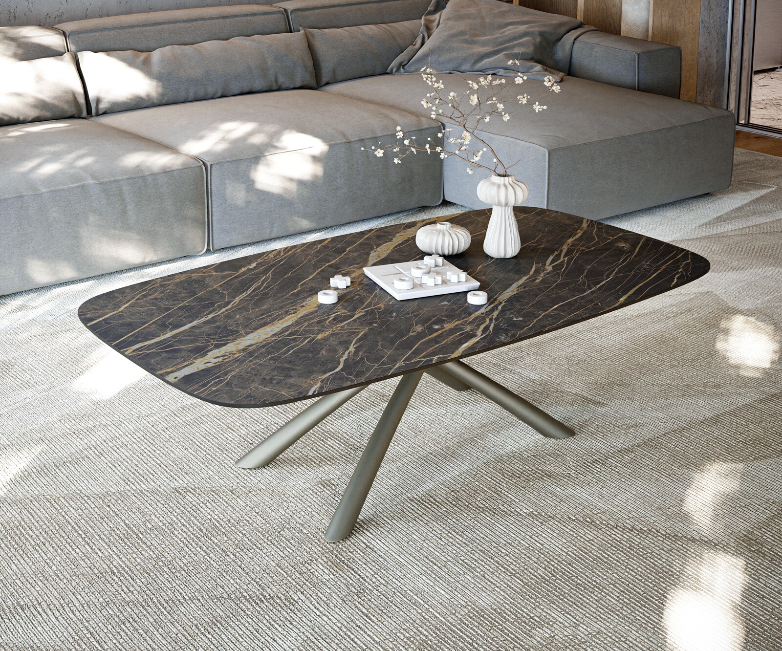 Salontafel Edge Boot 140x80 cm keramiek Laminam® Noir Desir bruin Sarity Metall effectafwerking titaan 2