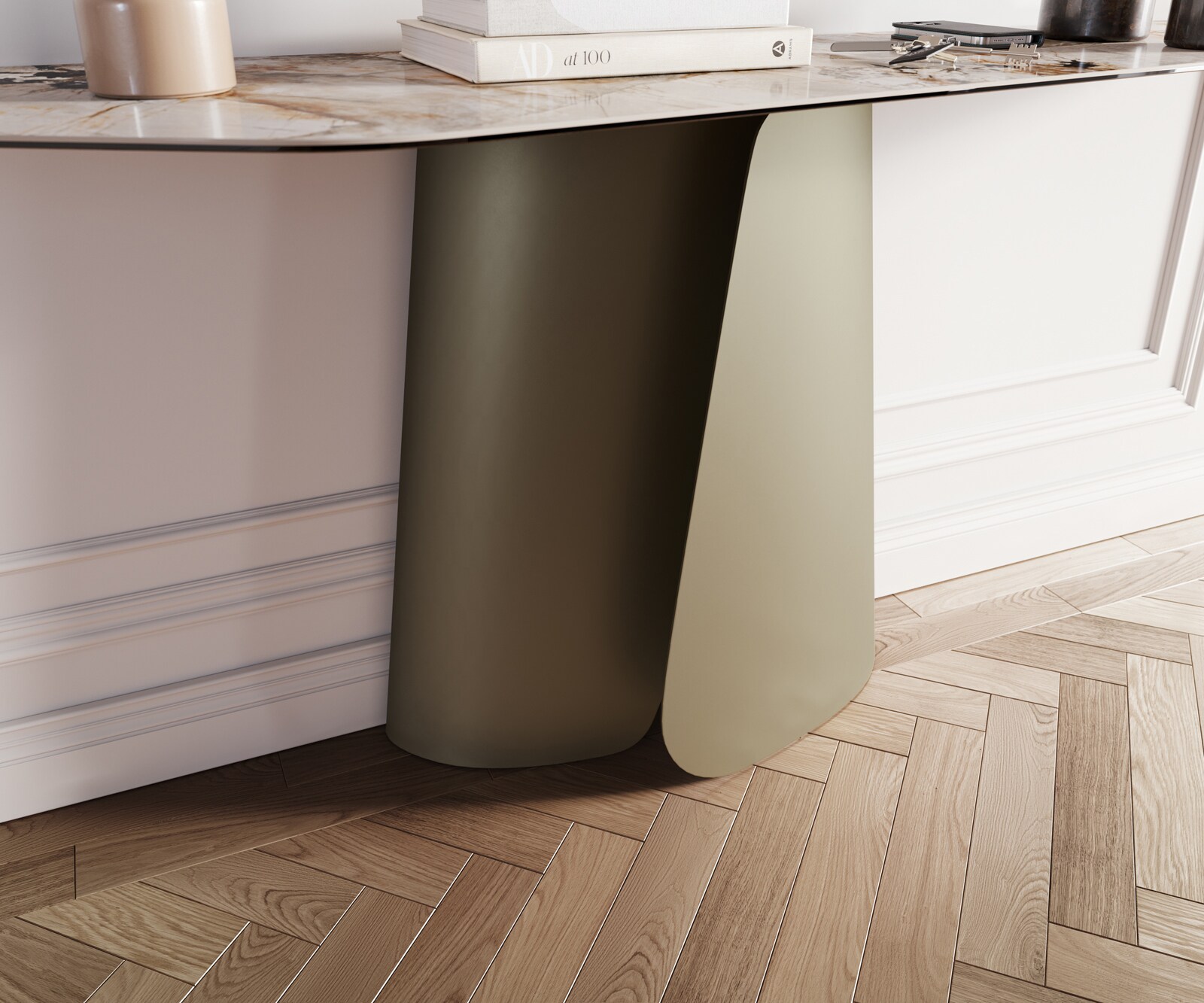 Consoletafel Edge Polygonaal 180x50 cm Keramiek Patagonia Poliert Livos Metaal Effektfinish Titan 6