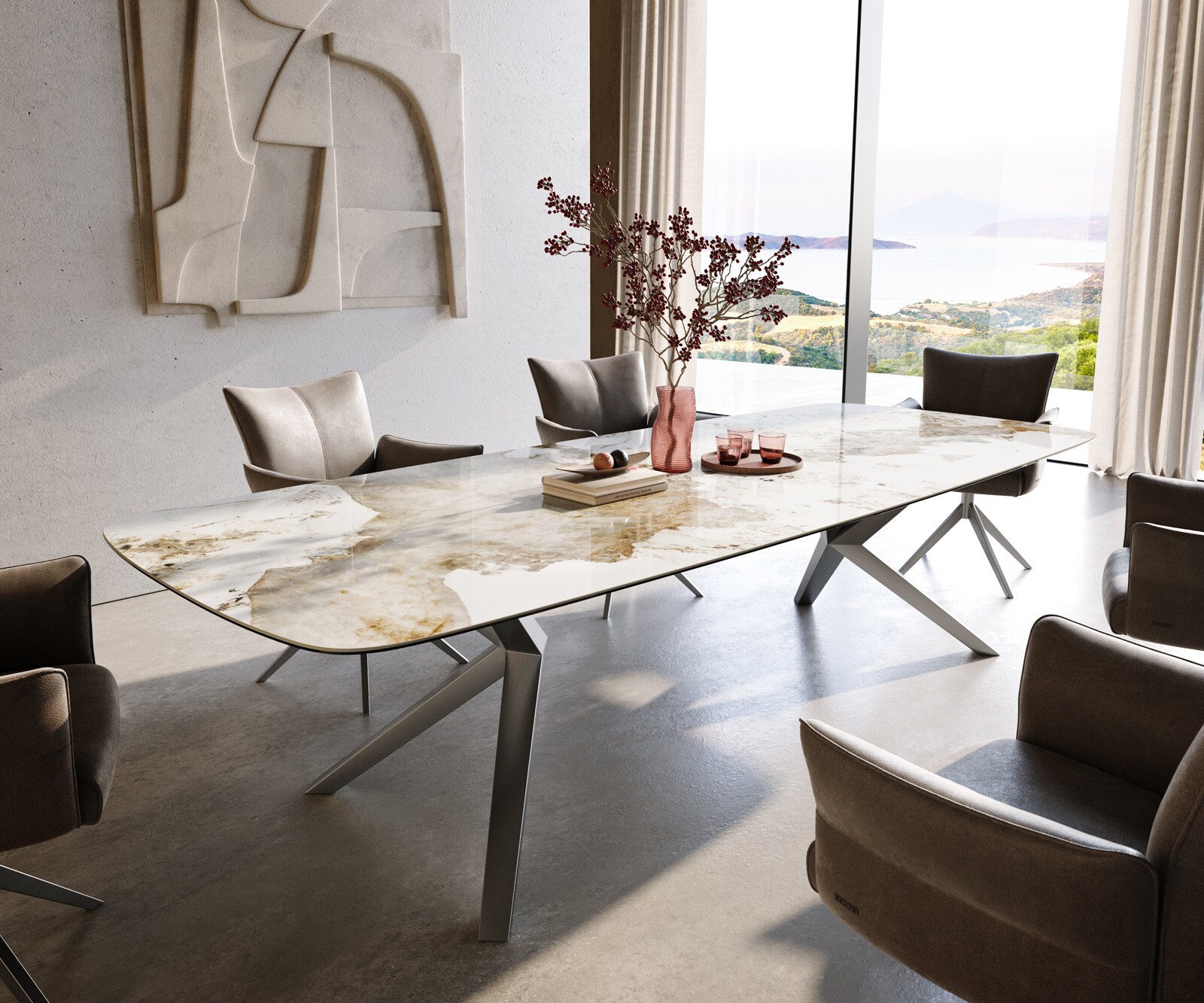 Eettafel Edge Boot 300x120 cm Keramiek Minas Melange Wit-Beige Zenthara hoekig Roestvrij staal 1