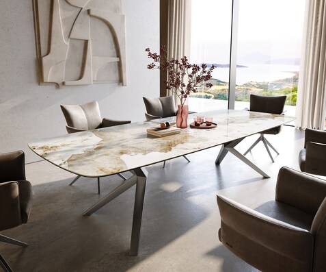 Eettafel Edge Boot 300x120 cm Keramiek Minas Melange Wit-Beige Zenthara hoekig Roestvrij staal