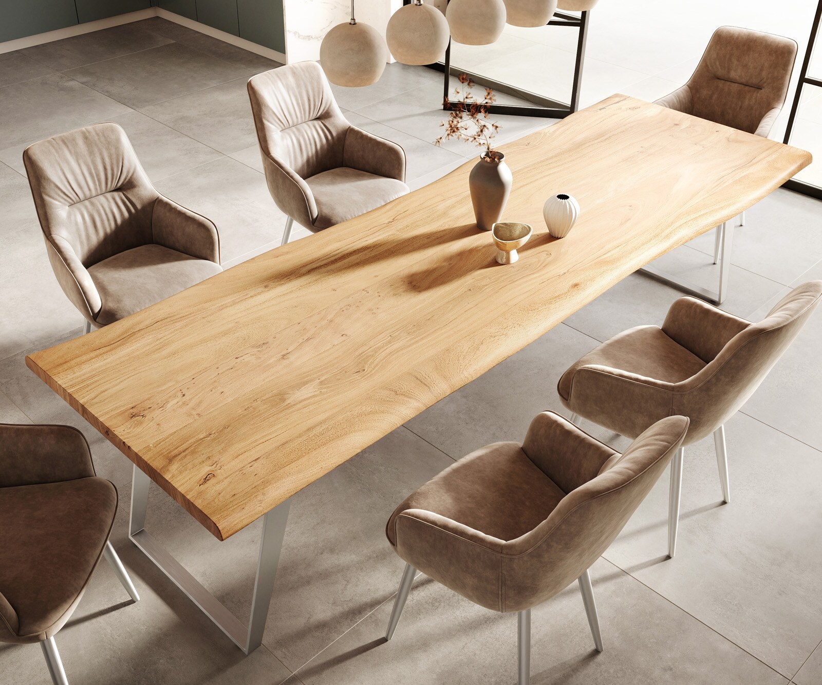 Eettafel Edge 300x100cm acacia natuur roestvrijstaal zilver schuin Live-Edge 4