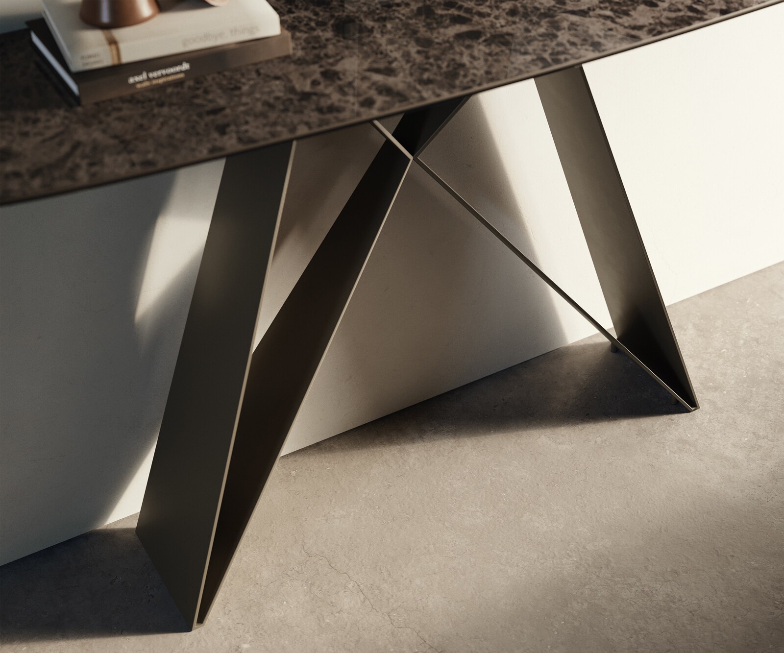 Consoletafel Edge Bootvorm 140x40 cm Keramiek Emperador Extra Lucidato Dunkelbraun Velio Metaal Effektfinish Titan 5
