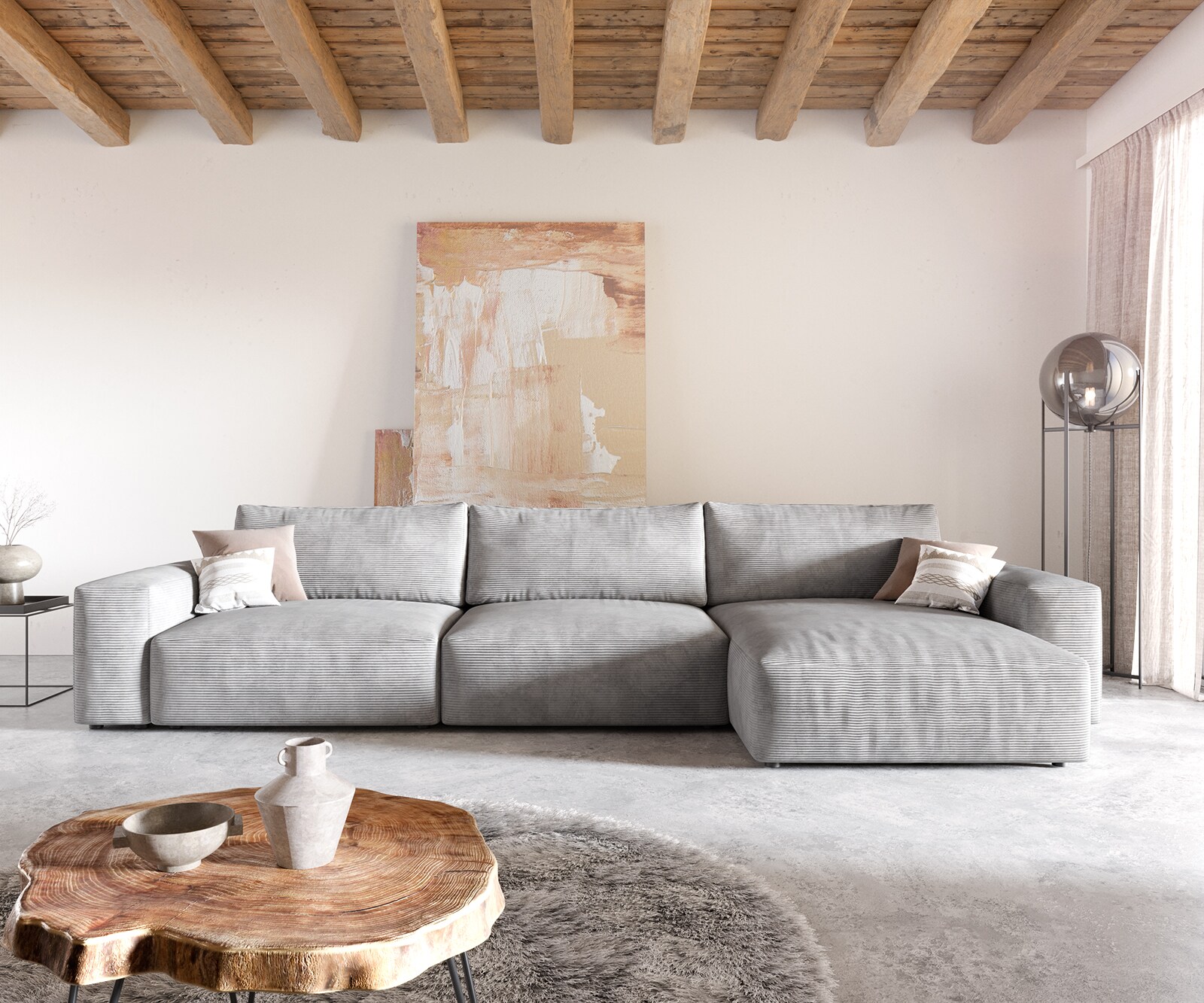 Hoekbank Lanzo XL 380x180 cm Koord Zilver Grijs Recamiere variabel 2