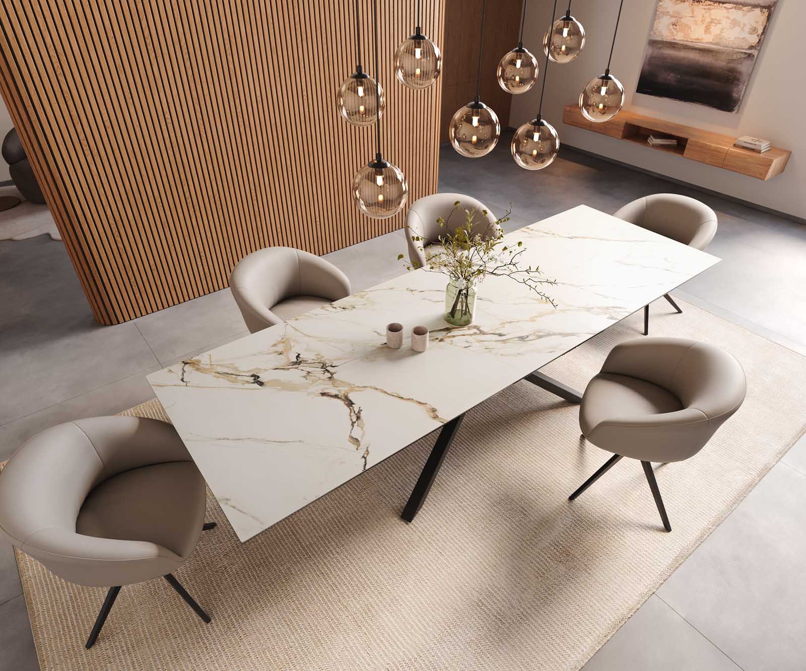 Eetkamertafel Edge 300x100 keramiek Calacatta Luxe wit-goud-grijs kruisframe rechthoek zwart 6
