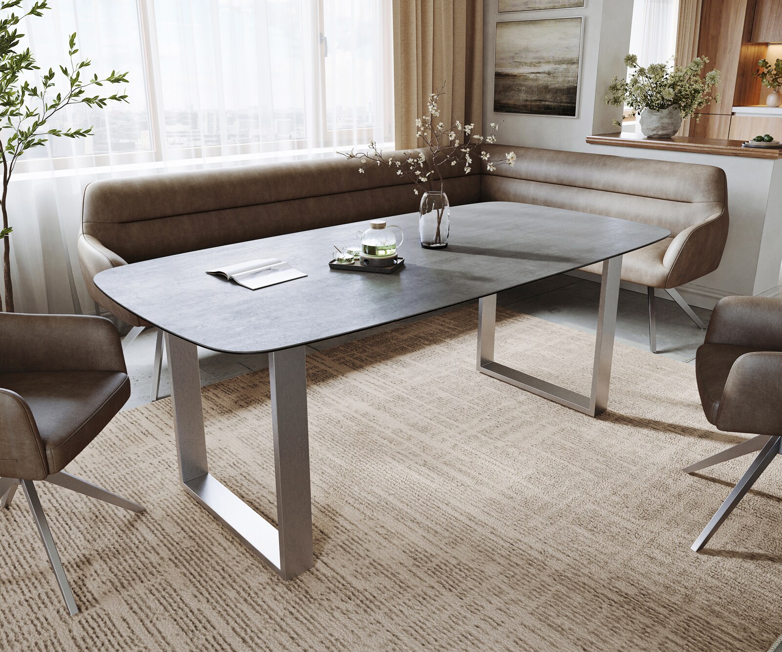 Eettafel Edge boot 200x100 cm keramiek beton grijs roestvrij staal smal