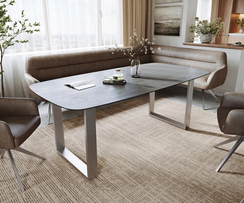 Eettafel Edge boot 200x100 cm keramiek beton grijs roestvrij staal smal