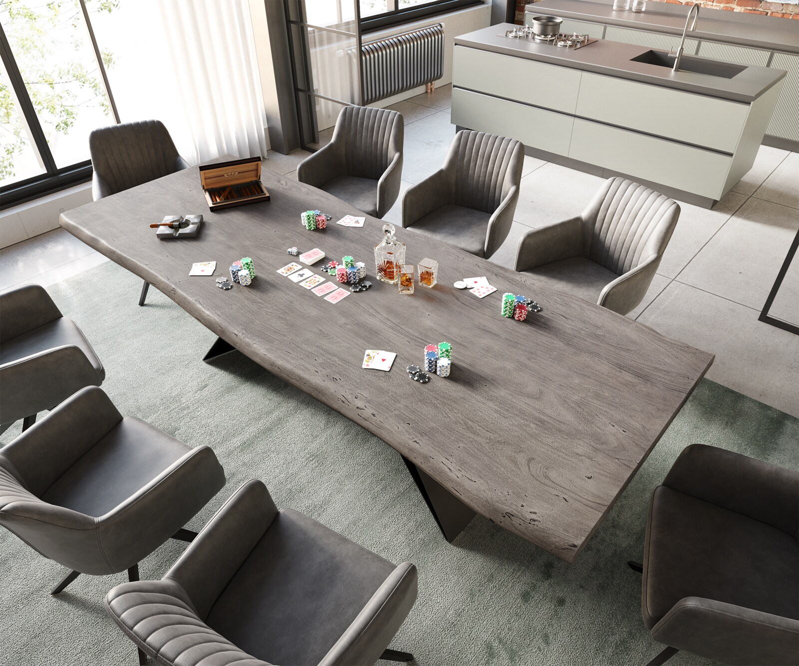 Eettafel Edge 260x100 acacia platina  V-frame staal  zwart  Live-Edge 3