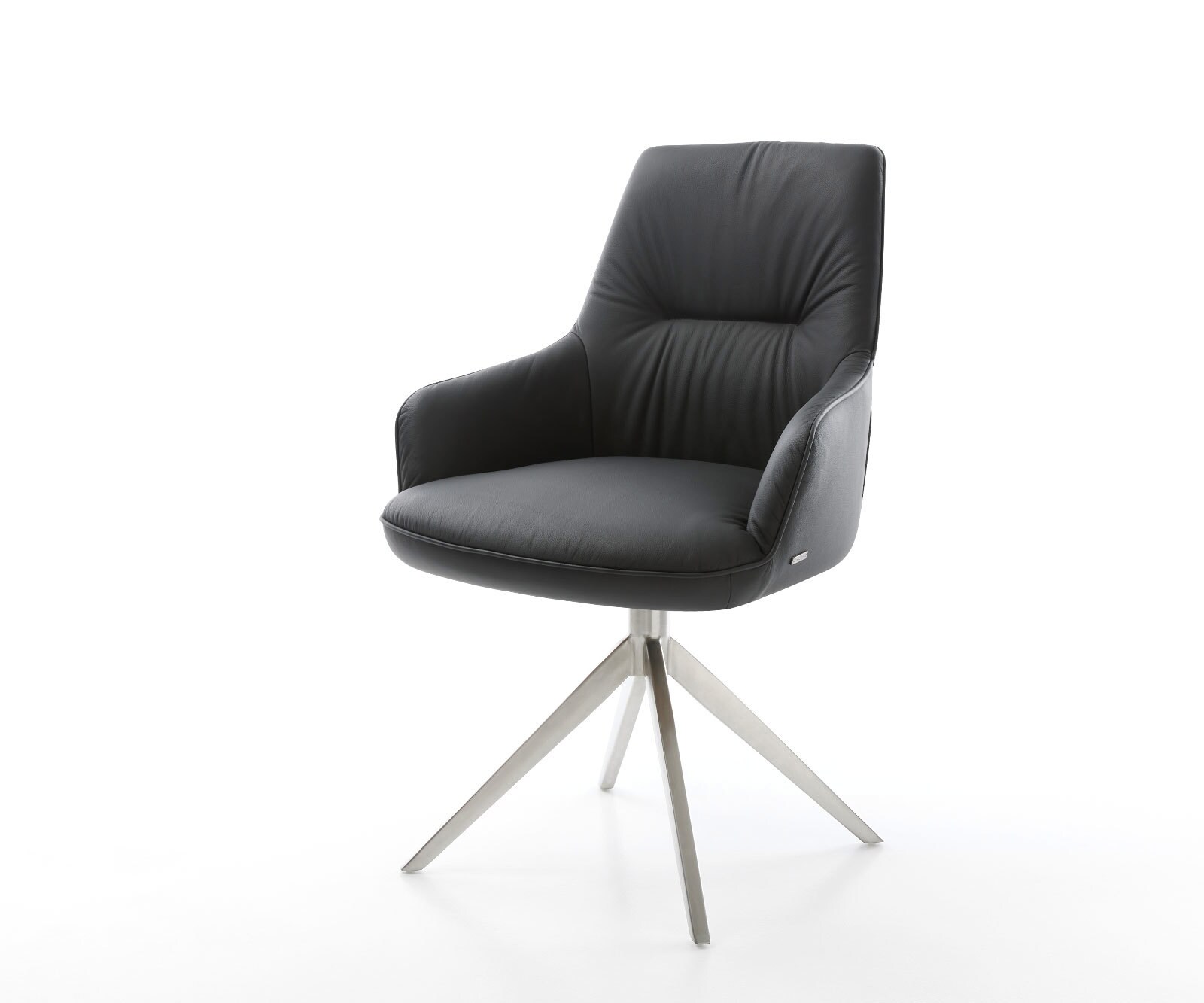 Draaistoel Zelia-Flex met armleuning echt leer zwart kruisframe breed roestvrij staal 360° draaibaar rocker-functie pocketveer kern