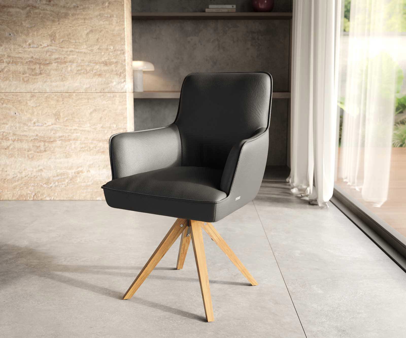 Draaistoel Heira-Flex met armleuning echt leer zwart houten frame hoekig natuur 180° draaibaar pocketveer kern 1