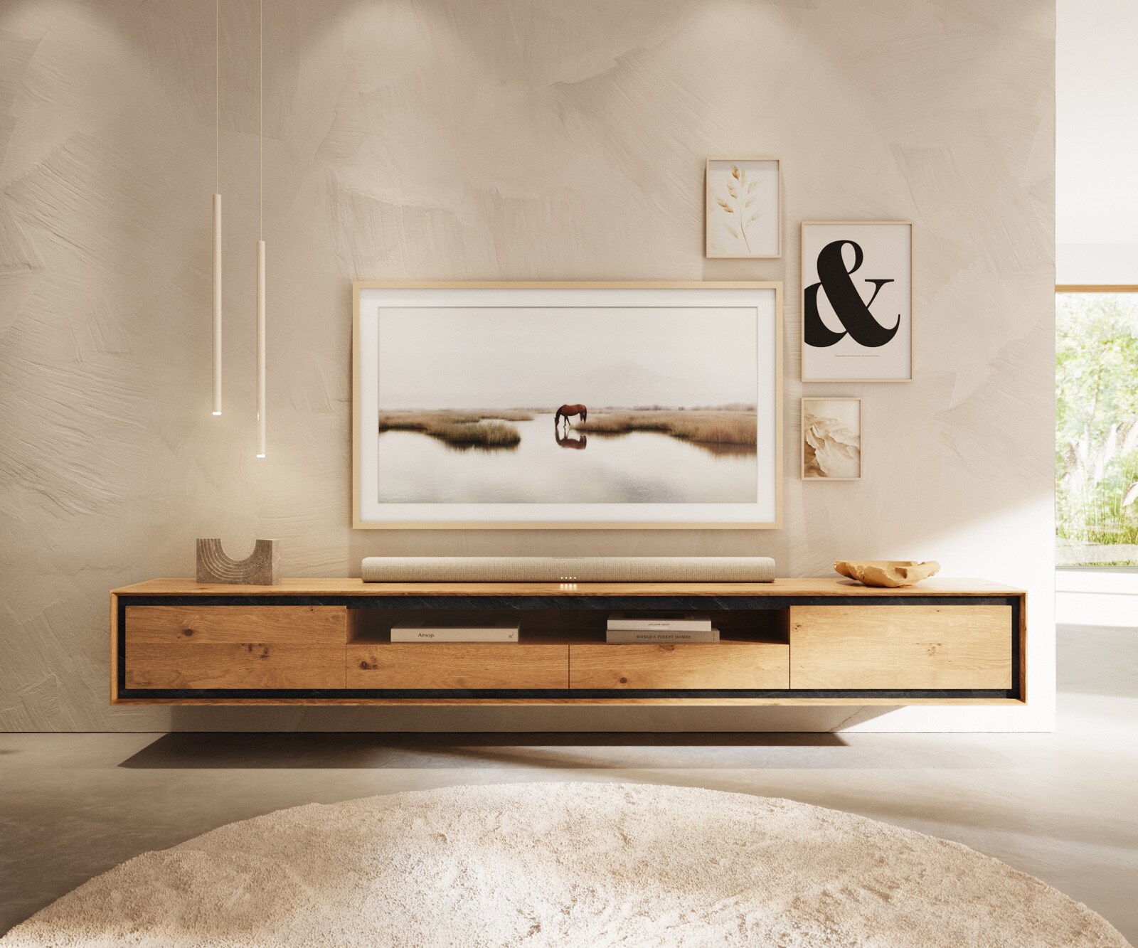 Tv-meubel Stonegrace 240 cm eiken natuur 2 deuren 1 vak 2 laden steenfineer zwevend 1