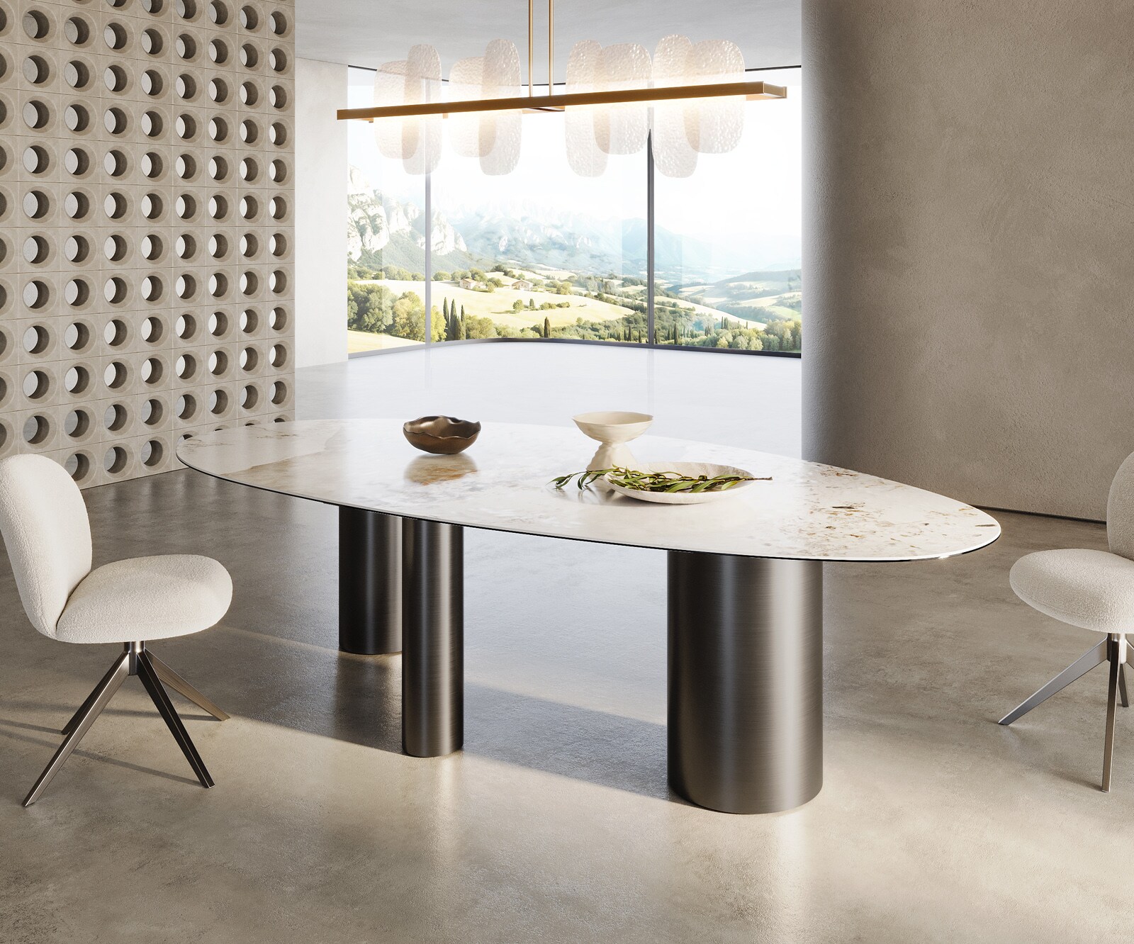 Eetkamertafel Edge ovaal 280x130 keramiek Minas Melange wit-Beige Troa roestvrij staal grafiet 4