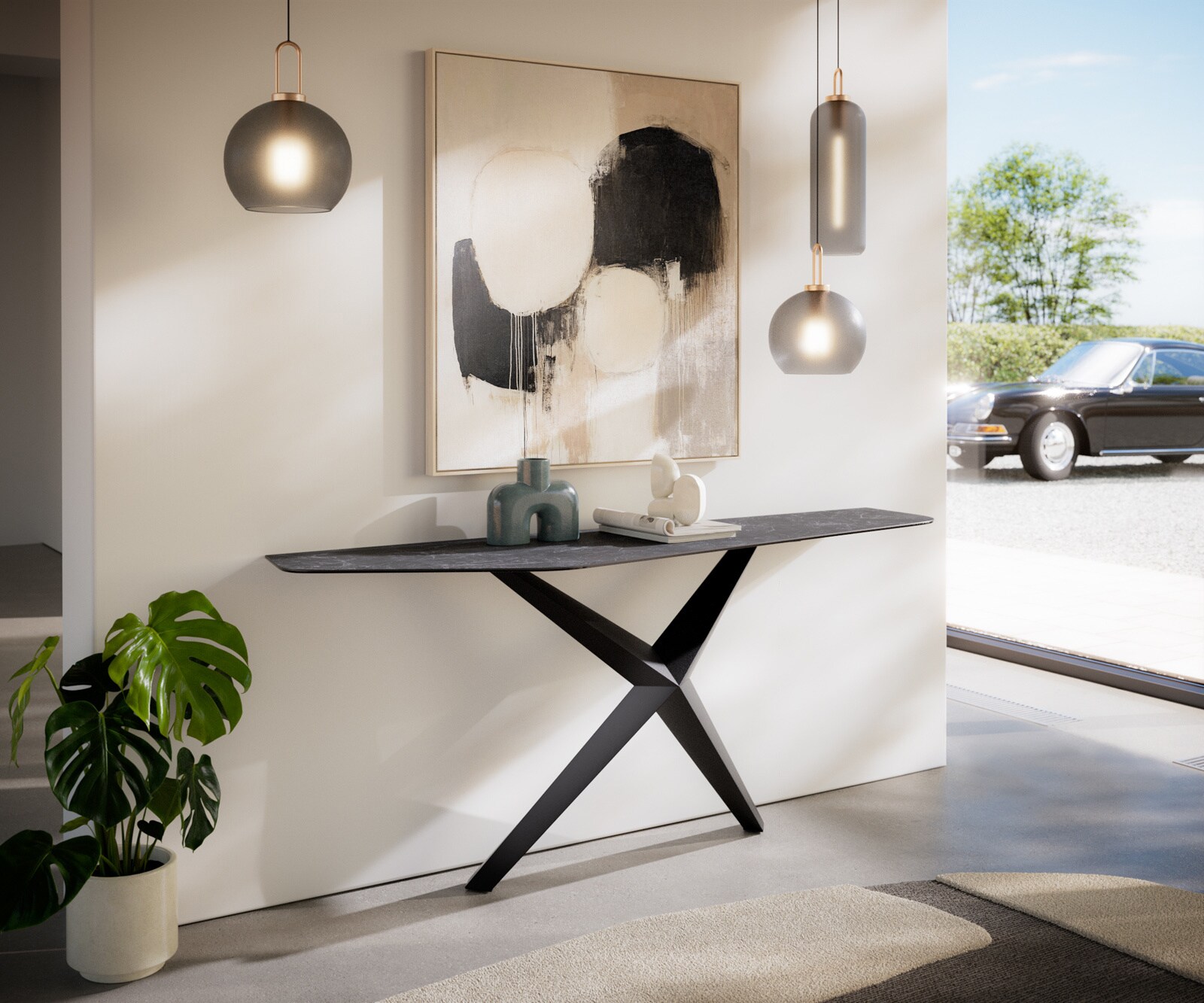Consoletafel Edge Polygonaal 180x50 cm Keramiek Laminam® Nero Greco Anthrazit Zentharo Metaal Zwart 7