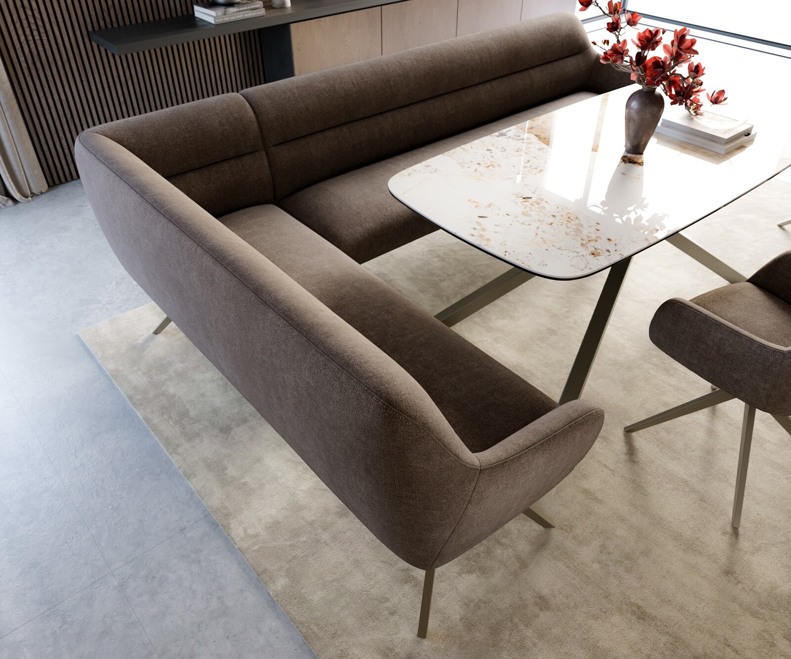 Eetkamerbank Taya-Flex 285x190 cm zachte stof met structuur taupe hoekig kruisframe afwerking met titaniumeffect pocketvering rechts 4