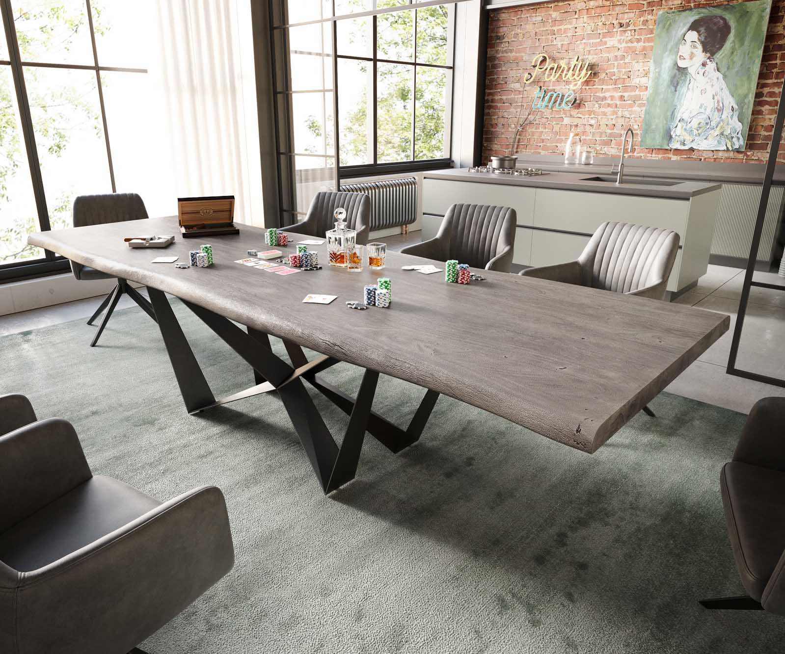 Eettafel Edge 300x100 XL acacia platina  Spider staal  zwart  Live-Edge Eettafel Edge 300x100 XL acacia platina  Spider staal  zwart  Live-Edge