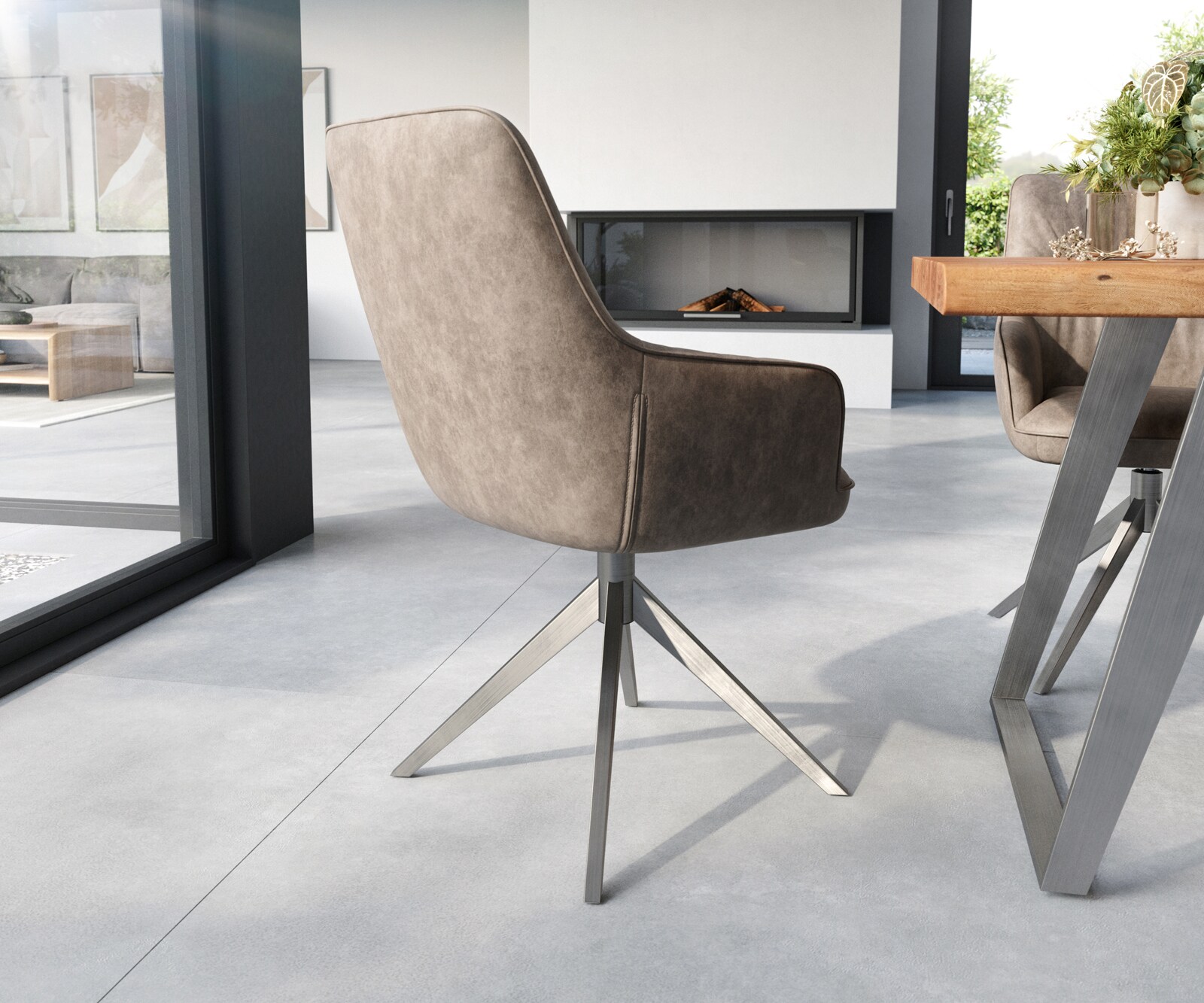 Eetkamerstoel Zelia-Flex met armleuning microvelours taupe vintage kruisframe breed roestvrij staal pocketveer kern 4
