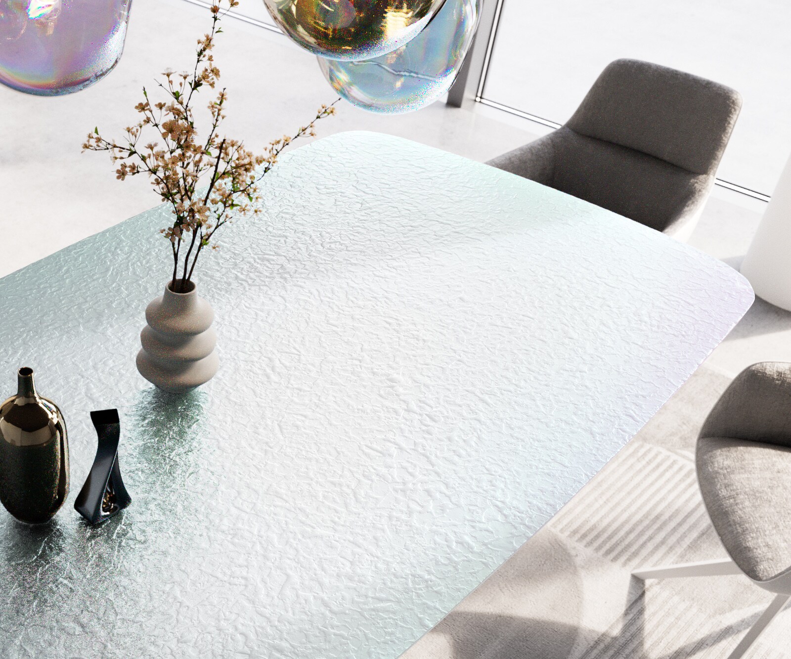 Eettafel Edge Boot 240x120 Reliefglas Perlmutt 3D-Design Estelar rond metaal wit 4