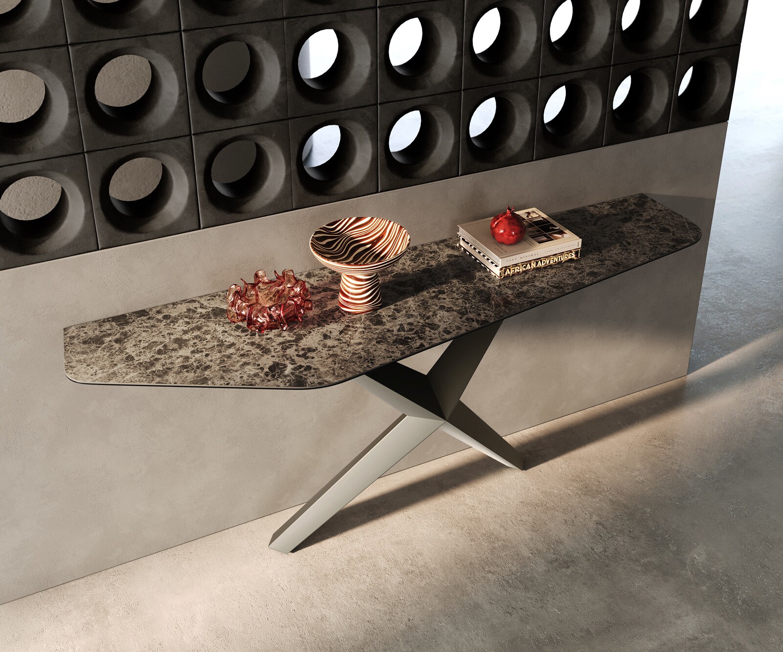 Consoletafel Edge Polygonaal 180x50 cm Keramiek Emperador Extra Lucidato Dunkelbraun Zentharo Metaal Effektfinish Titan 2
