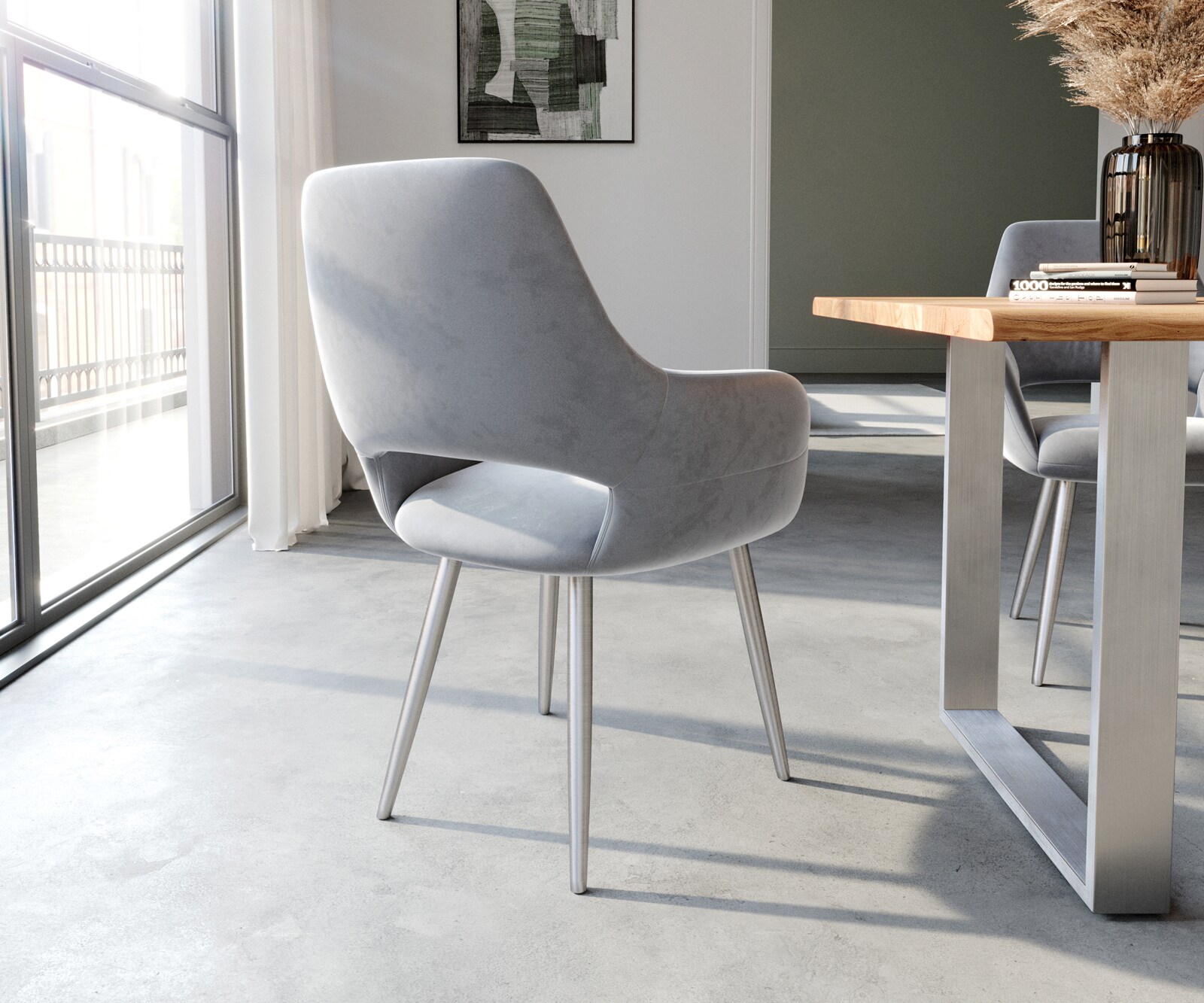 Eetkamerstoel Yago-Flex met armleuning fluweel grijs 4-poot conisch roestvrij staal pocketveer kern 4 Eetkamerstoel Yago-Flex met armleuning fluweel grijs 4-poot conisch roestvrij staal pocketveer kern 4