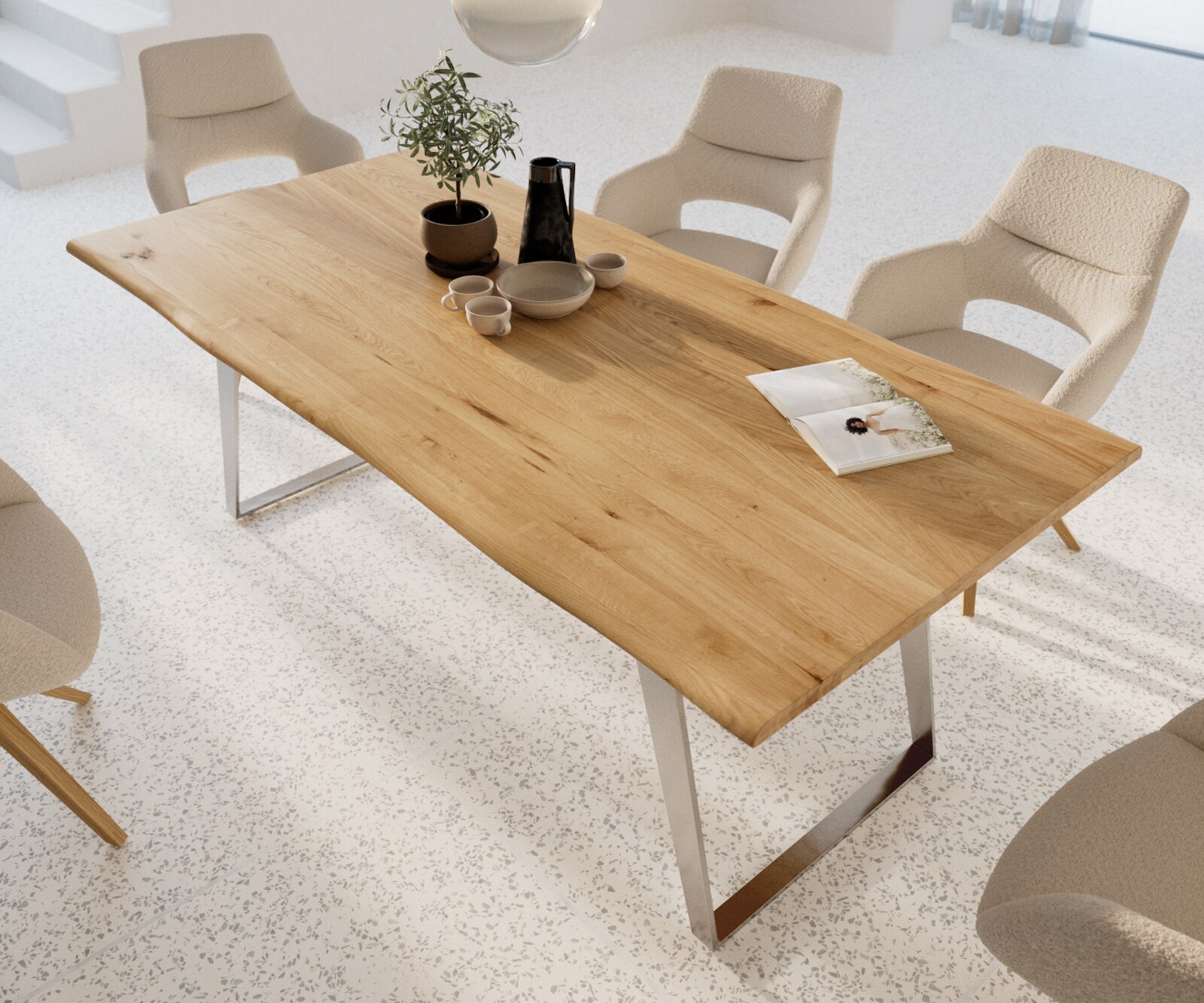 Eettafel Edge 200x100x2,5-3 eiken natuur roestvrij staal  schuin Live-Edge 3 Eettafel Edge 200x100x2,5-3 eiken natuur roestvrij staal  schuin Live-Edge 3