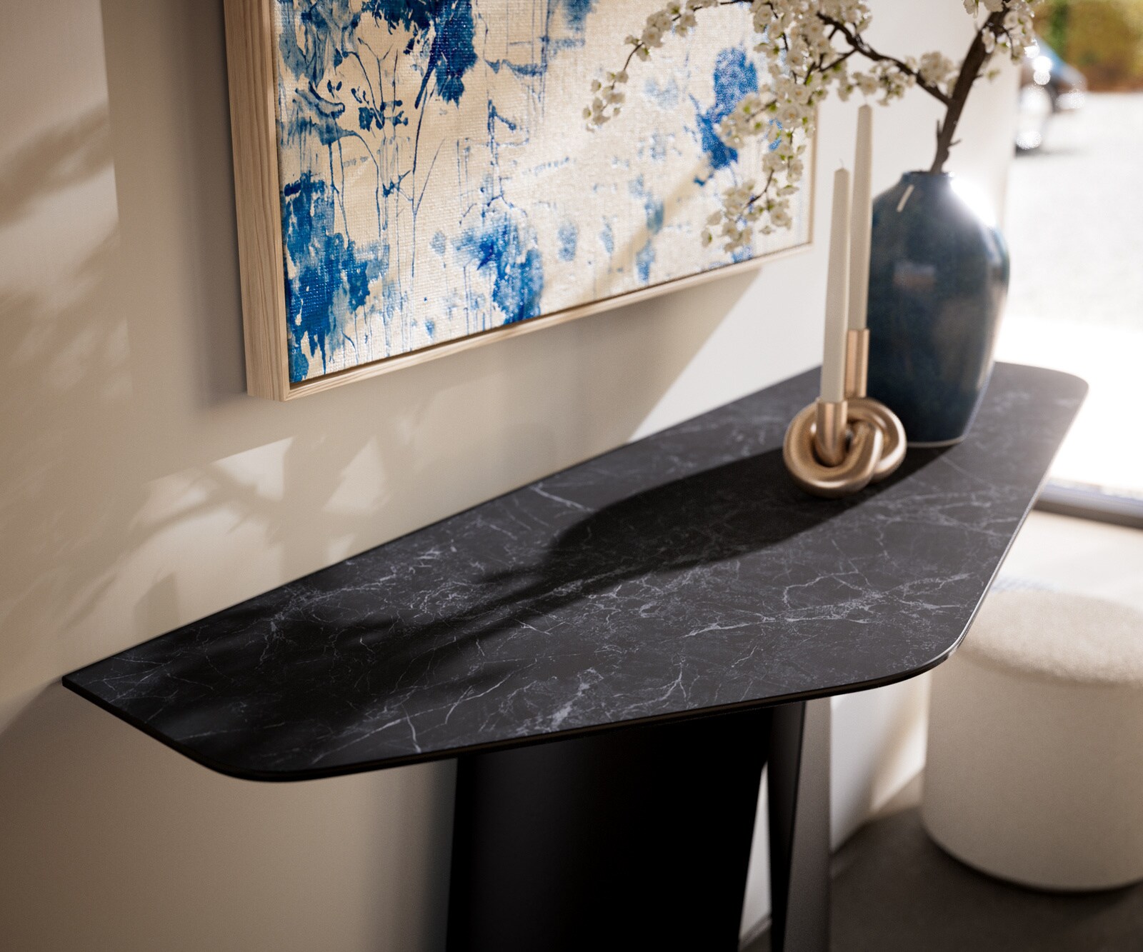 Consoletafel Edge Polygonaal 140x50 cm Keramiek Laminam® Nero Greco Anthrazit Livos Metaal Zwart 2