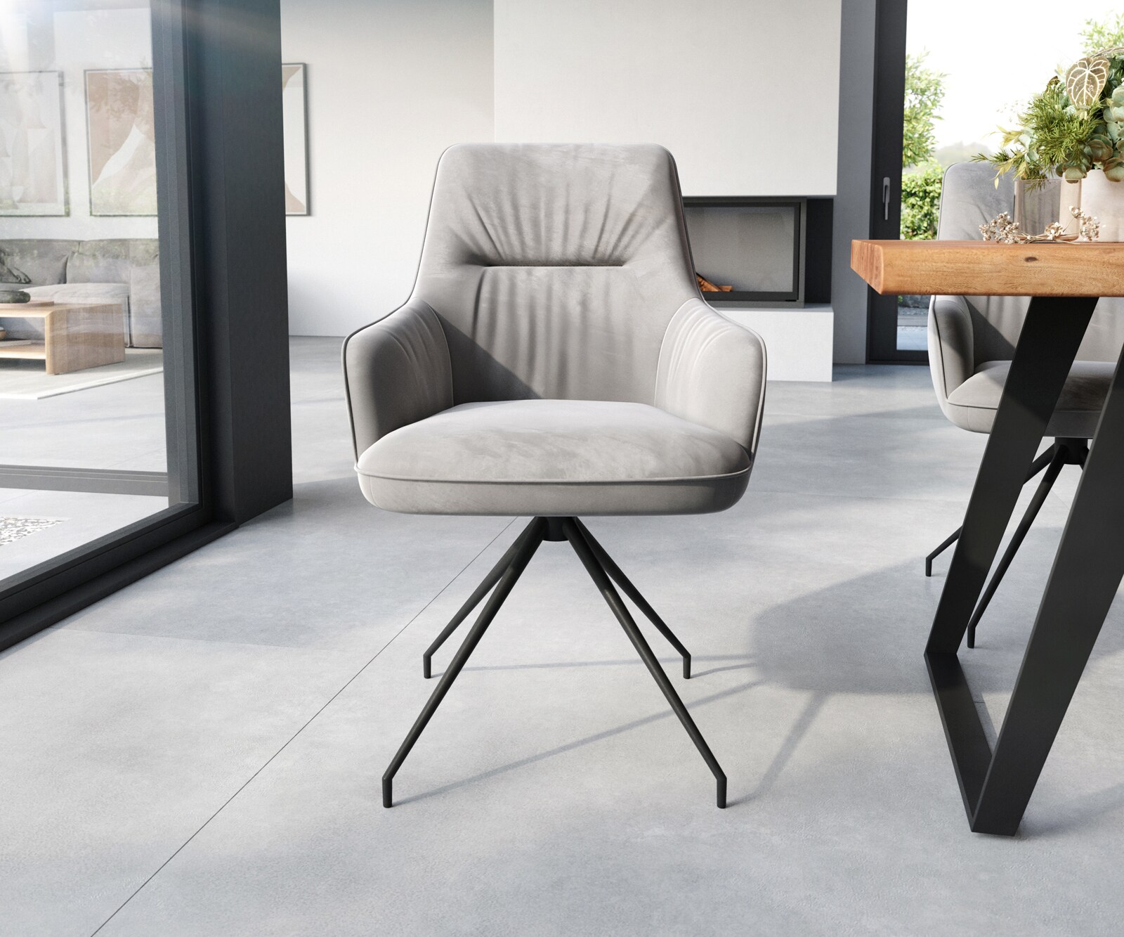 Eetkamerstoel Zelia-Flex met armleuning fluweel grijs kruisframe conisch zwart pocketveer kern 2