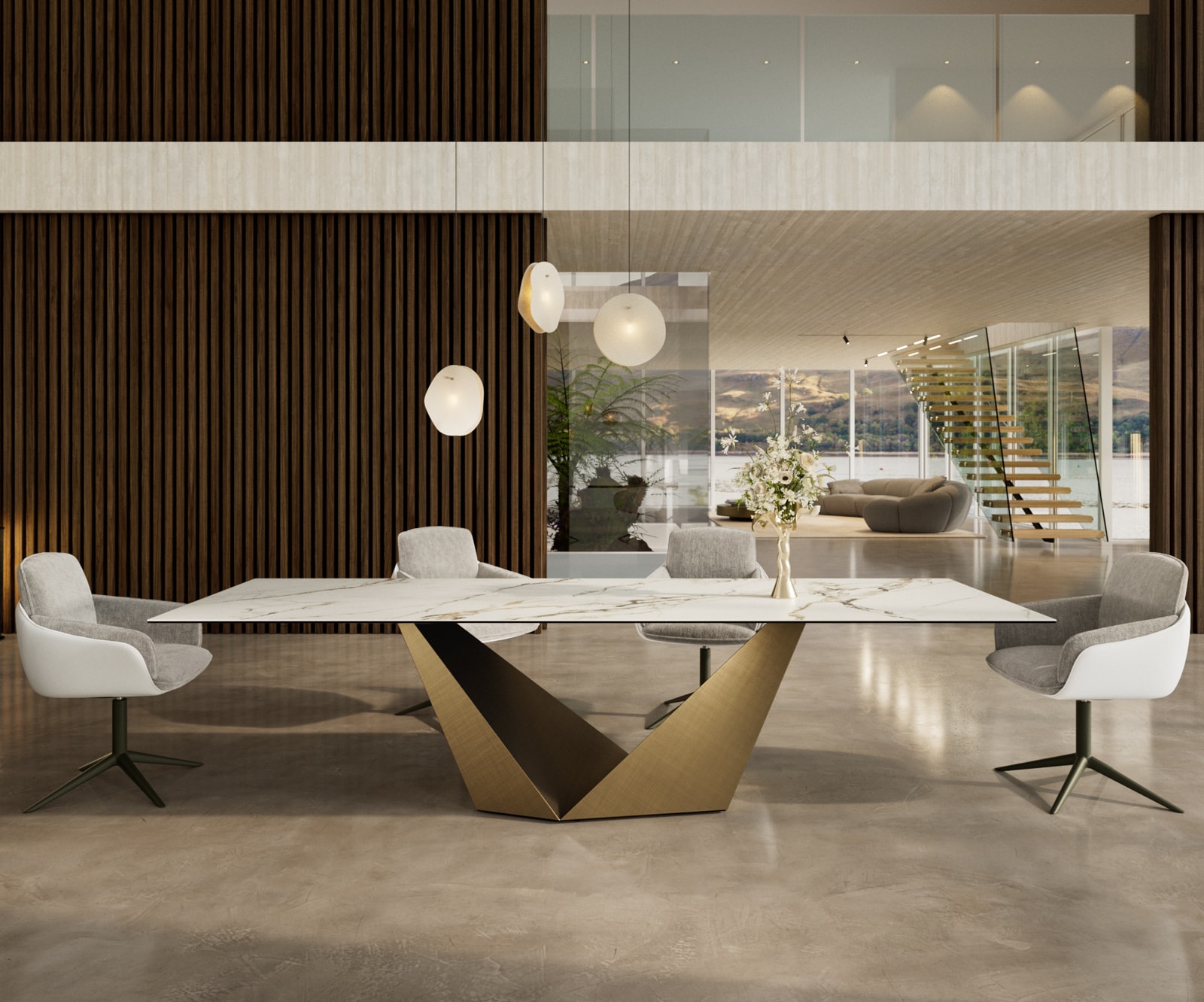 Eettafel Edge 300x100 keramiek  Calacatta Luxe wit-goud-grijs Prisma metaal goud Eettafel Edge 300x100 keramiek  Calacatta Luxe wit-goud-grijs Prisma metaal goud