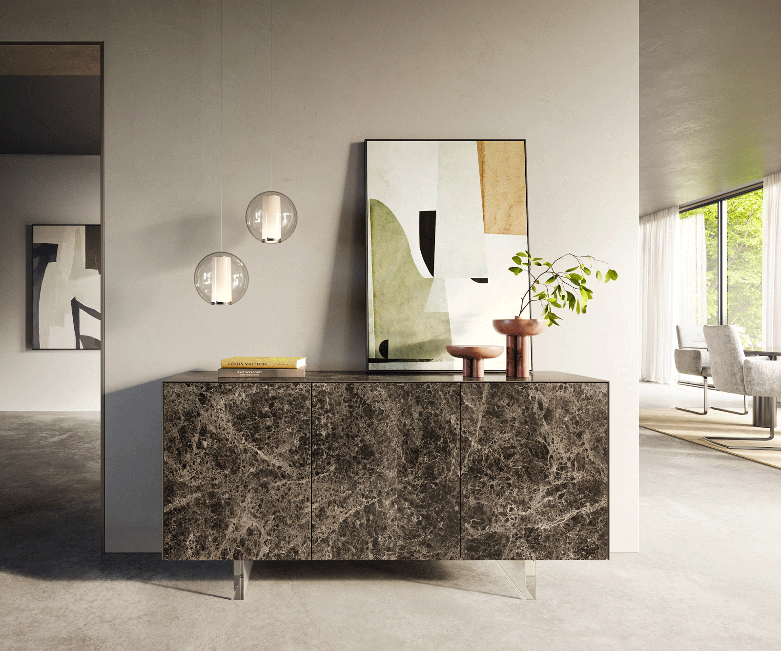 Dressoir Cuor 150 cm Keramiek Emperador Extra Lucidato Donkerbruin 3 Deuren Zwevende voet look Acrylglas 2
