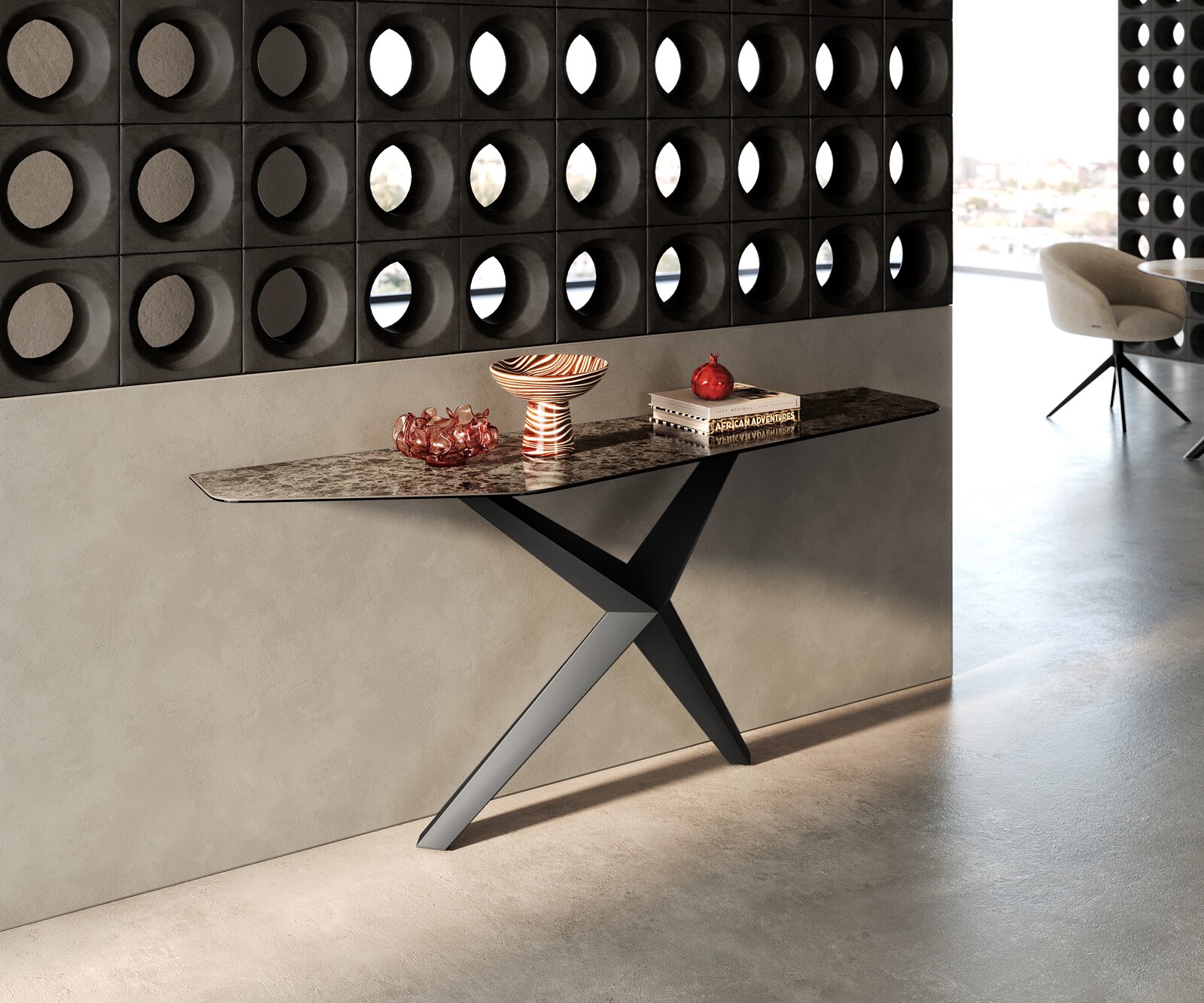 Consoletafel Edge Polygonaal 180x50 cm Keramiek Emperador Extra Lucidato Dunkelbraun Zentharo Metaal Zwart 4