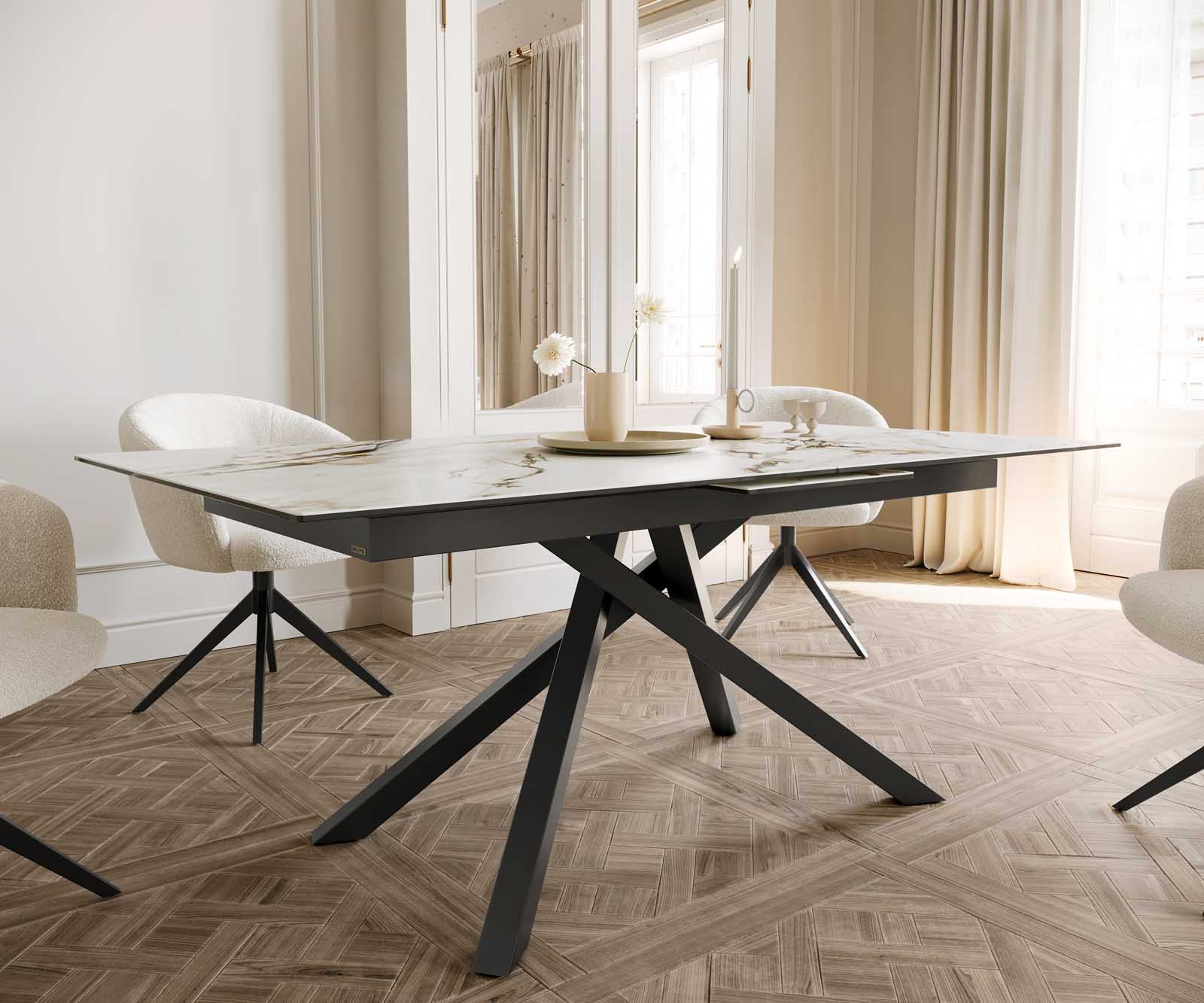 Eetkamertafel Edge 180-220x100 keramiek Calacatta Luxe wit-goud-grijs kruisframe rechthoek zwart uitschuifbaar 6