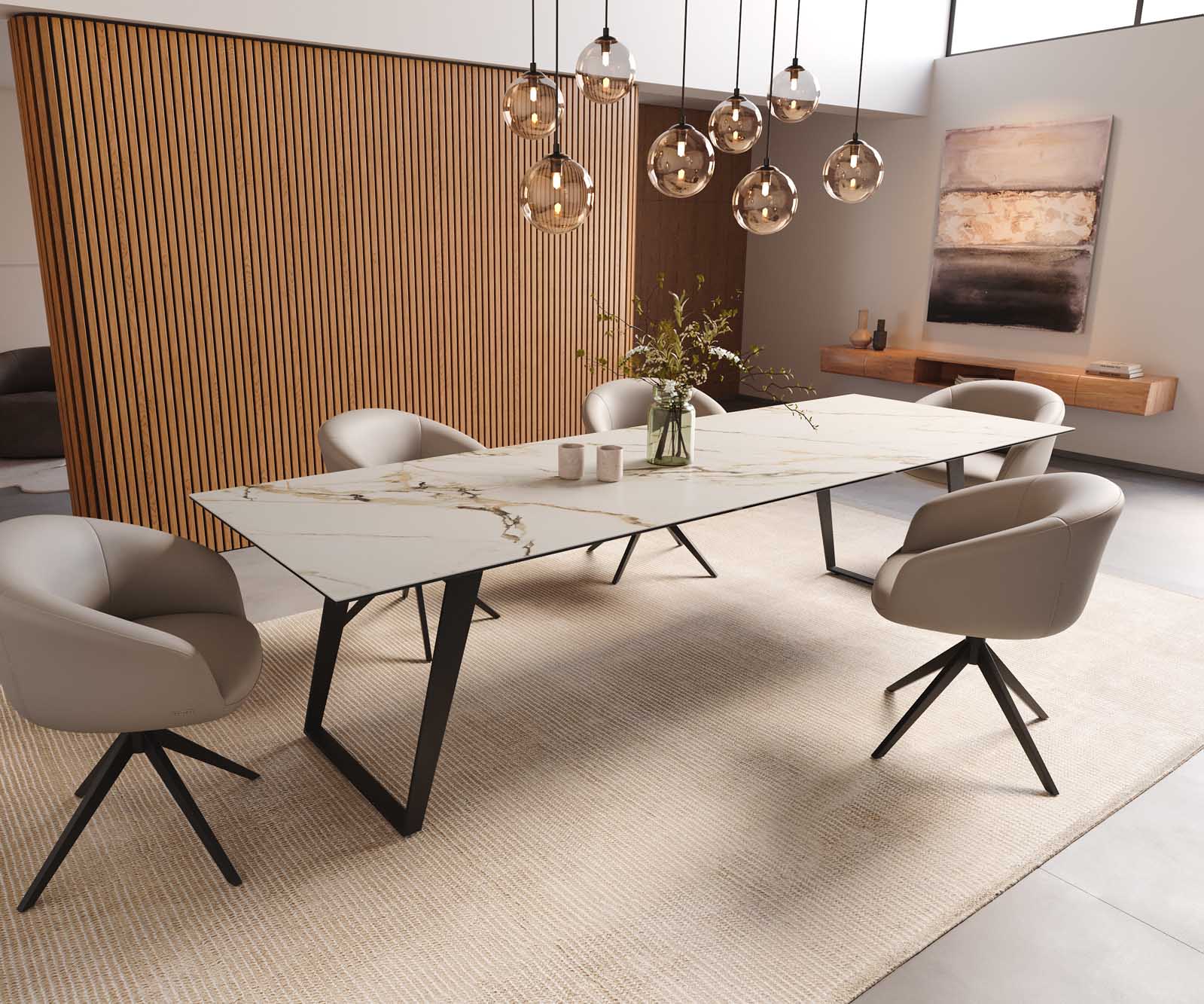 Eetkamertafel Edge 300x100 keramiek Calacatta Luxe wit-goud-grijs metaal schuin zwart 8