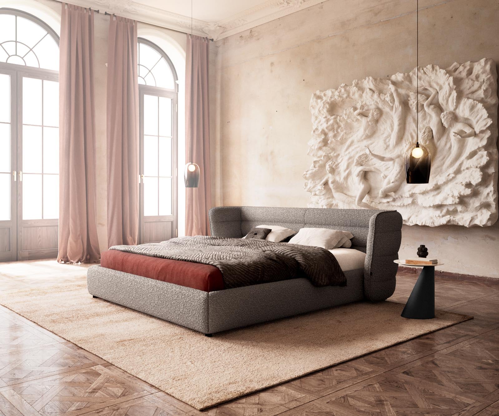 Gestoffeerd bedframe Simea 180x200 cm Bouclé zilvergrijs Gestoffeerd bedframe Simea 180x200 cm Bouclé zilvergrijs