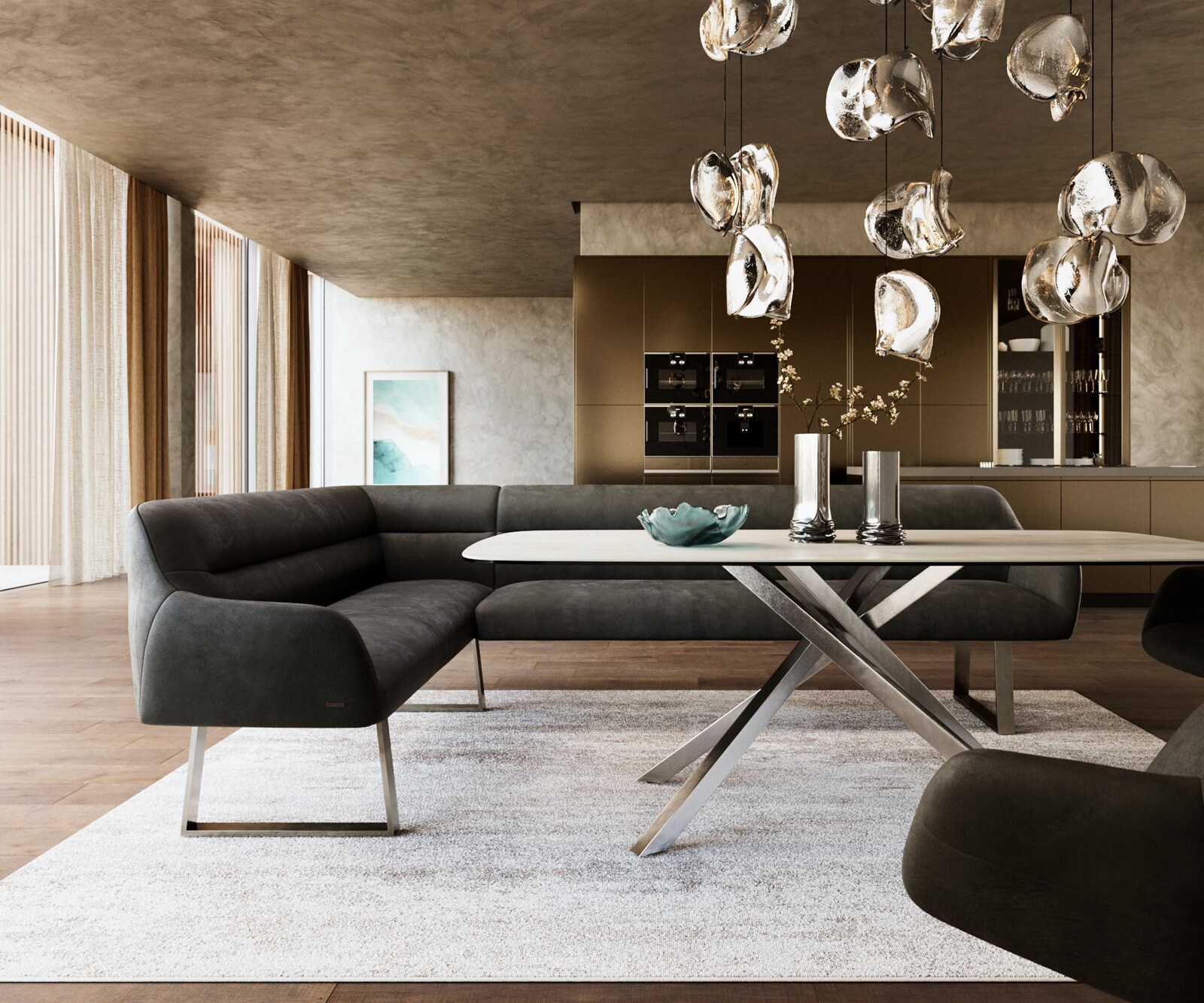 Eetkamerbank Taya-Flex 285x190 cm microvelours anthraciet vintage gekant sledeframe roestvrij staal pocketvering rechts 2