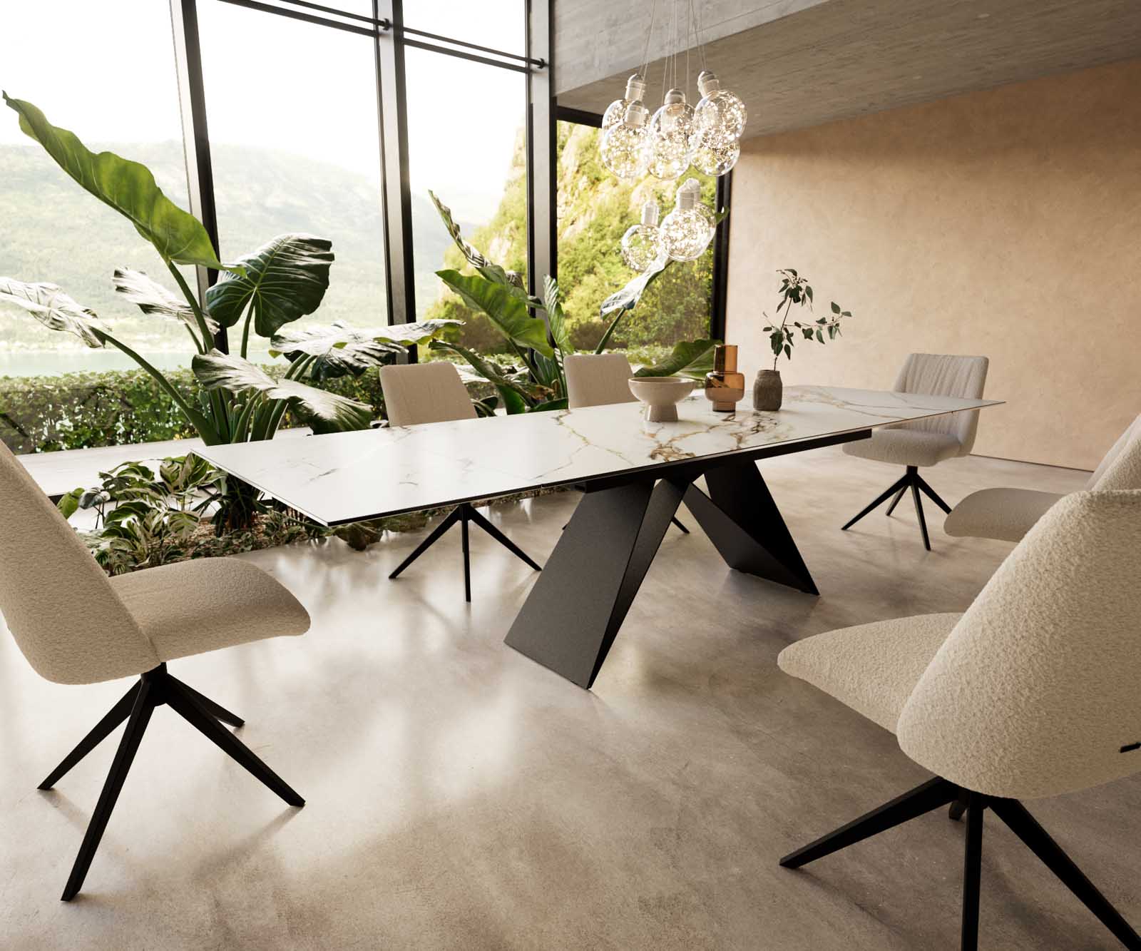 Eetkamertafel Edge 200-300x100 keramiek Calacatta Luxe wit-goud-grijs V-frame vlak staal zwart uitschuifbaar