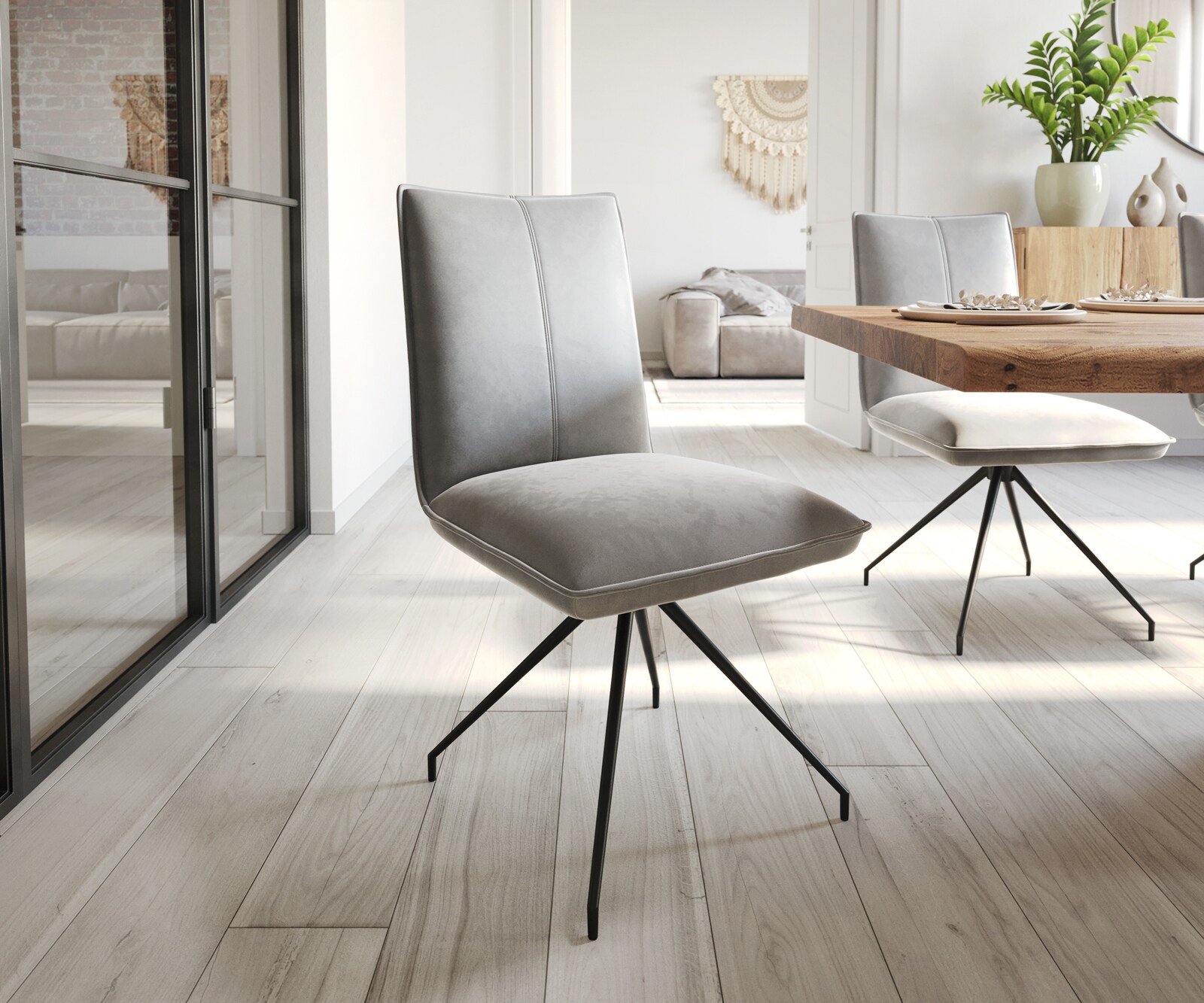 Eetkamerstoel Lelio-Flex fluweel grijs kruisframe conisch zwart pocketveer kern