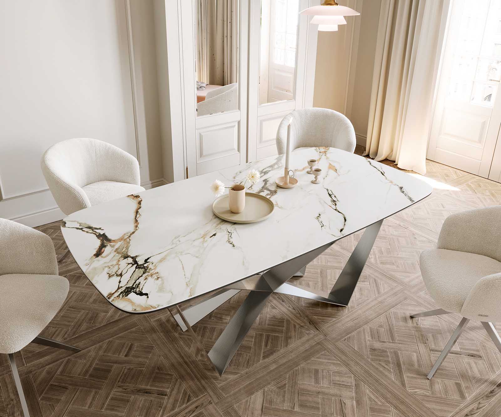Eetkamertafel Edge Boot 200x100 keramiek Calacatta Luxe wit-goud-grijs spider vlak staal RVS 4