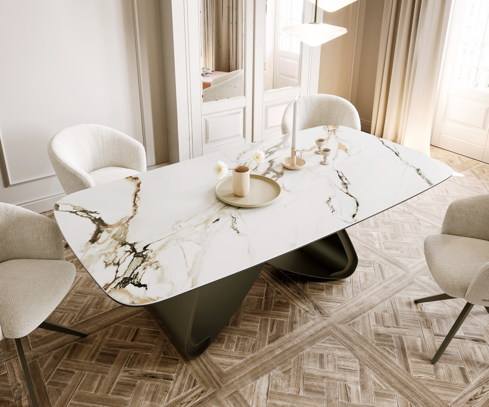 Eettafel Edge Boot 200x100 keramiek  Calacatta Luxe wit-goud-grijs W-frame metaal effectafwerking Titan 4