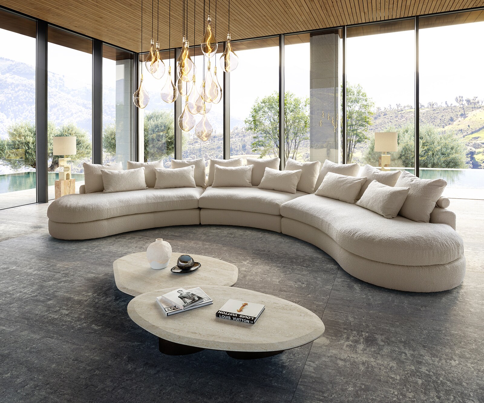 Mega-sofa Estrea 500x250 cm Bouclé Crème wit ronde bank