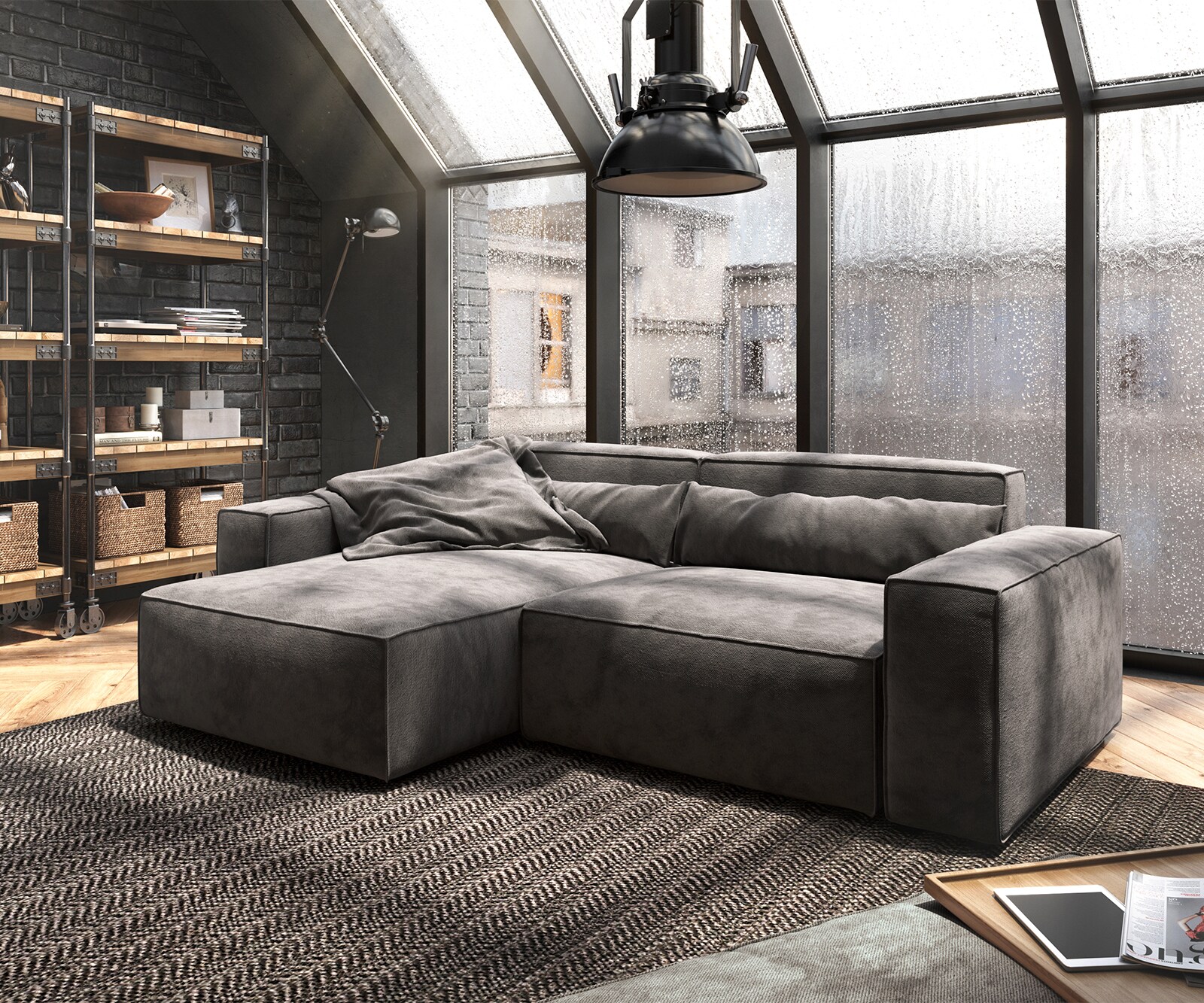 Hoekbank Sirpio 230x150 cm microvezel kaki bruin variabele rugleuning met kruk