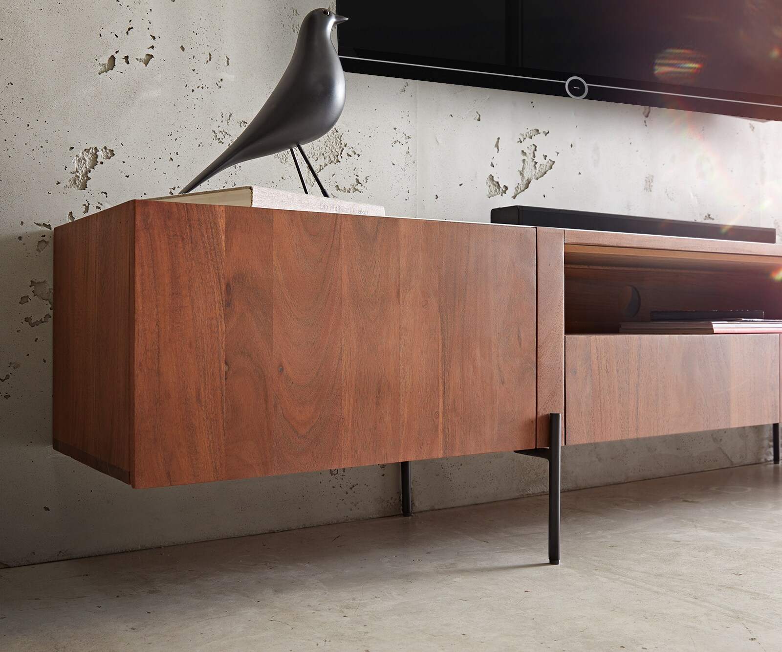 TV-meubel Secara 220 cm acacia bruin 2 deuren 2 laden marmeren poten zwart 5
